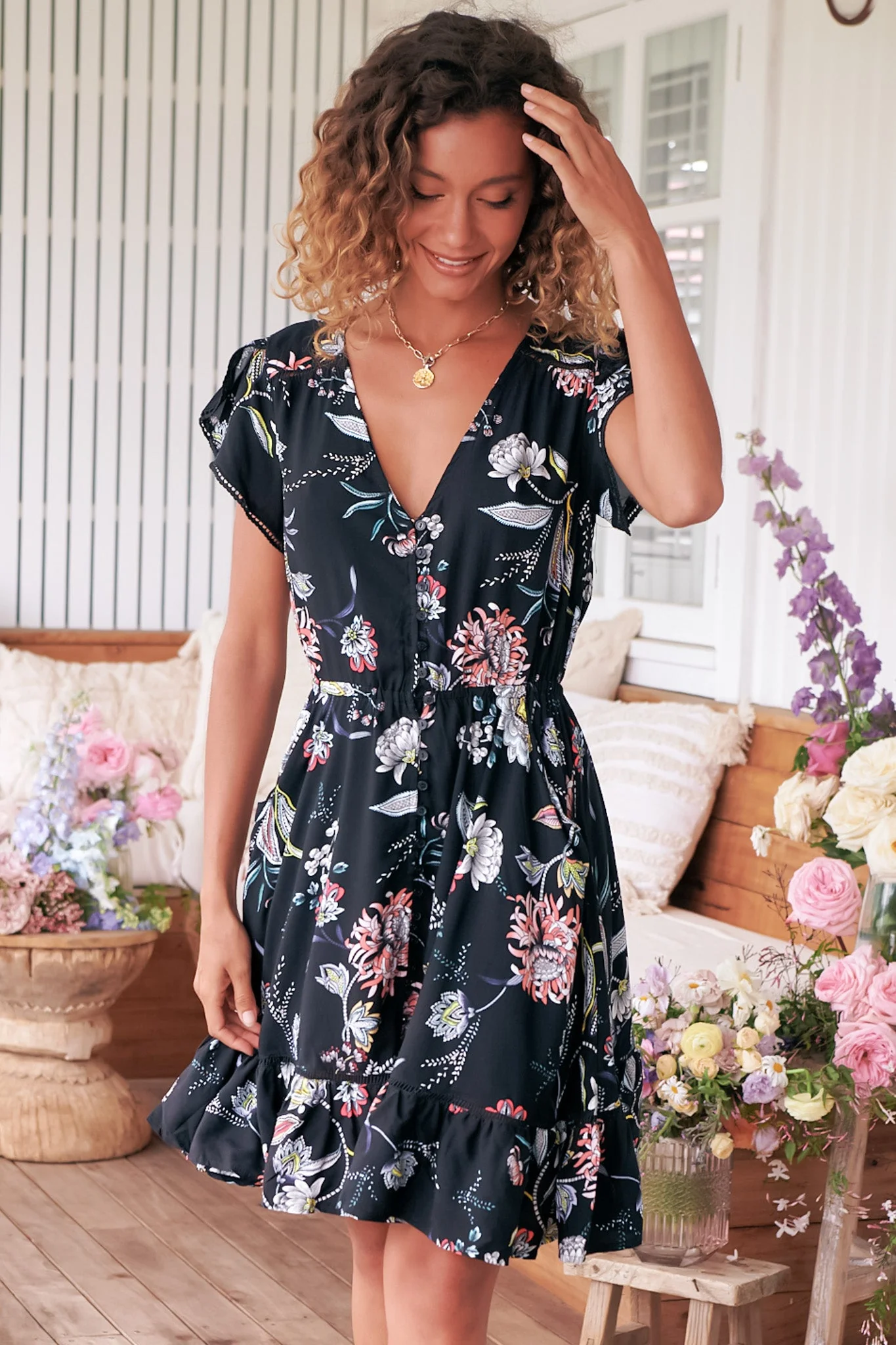 JAASE - Lizzie Mini Dress: Butterfly Cap Sleeve Button Down Dress with Pockets in Under The Stars Print - Image 7
