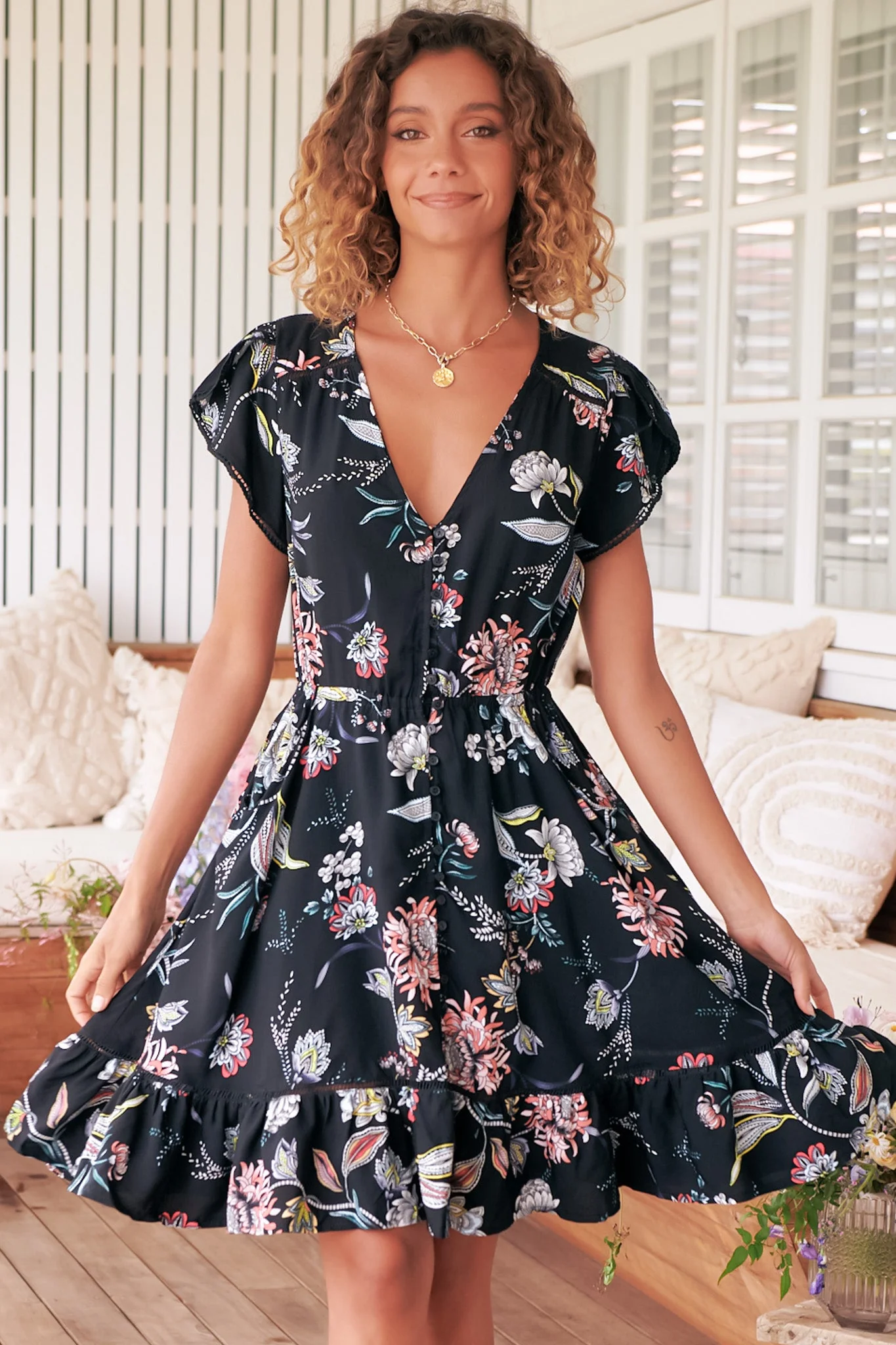 JAASE - Lizzie Mini Dress: Butterfly Cap Sleeve Button Down Dress with Pockets in Under The Stars Print - Image 8