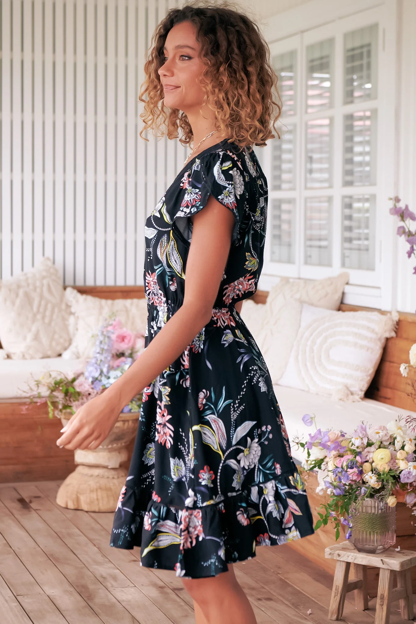 JAASE - Lizzie Mini Dress: Butterfly Cap Sleeve Button Down Dress with Pockets in Under The Stars Print - Image 9