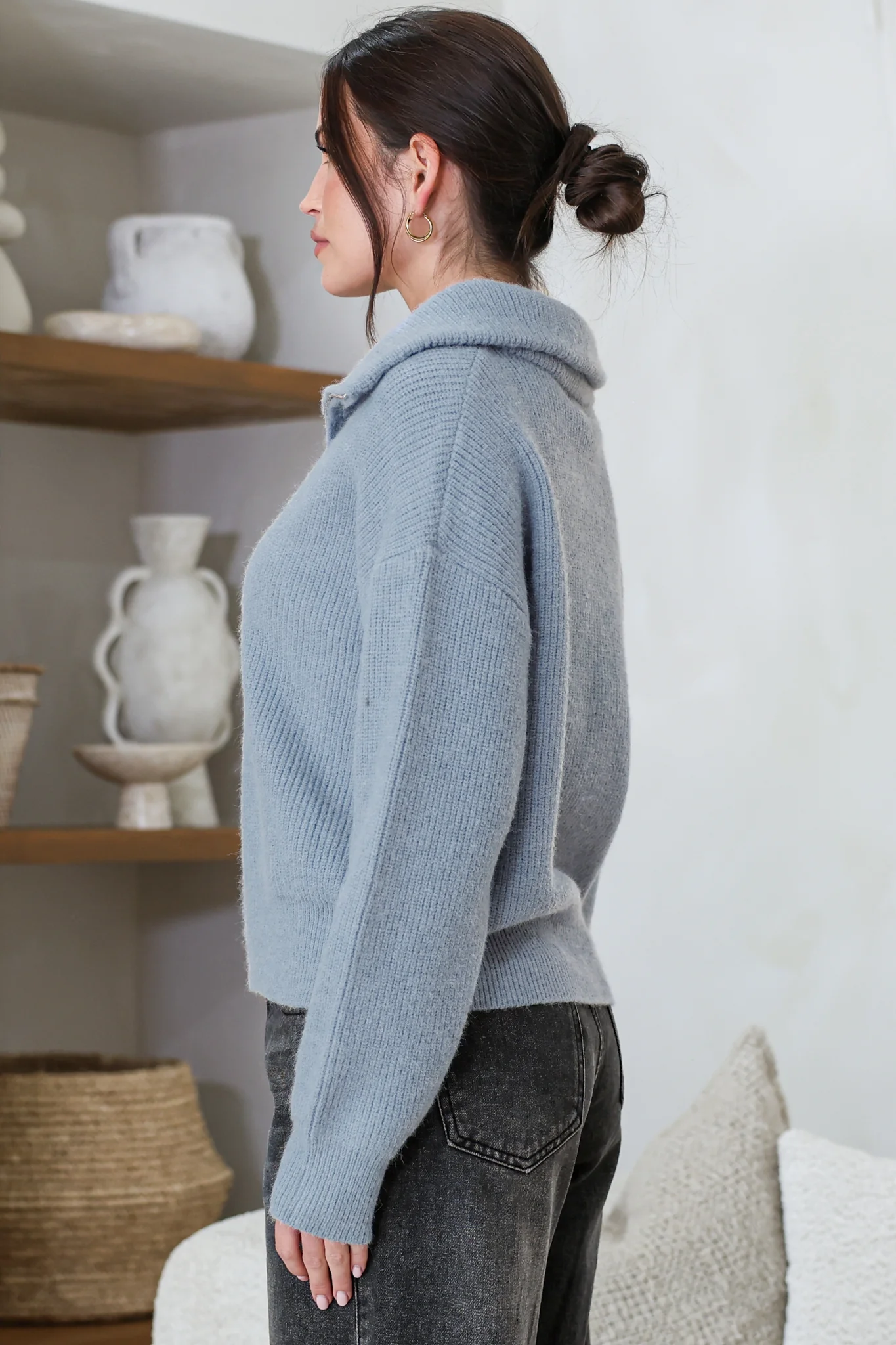 Logan Cardigan - Zipper Front Ribbed Knit with Wing Collar in Blue - Image 7