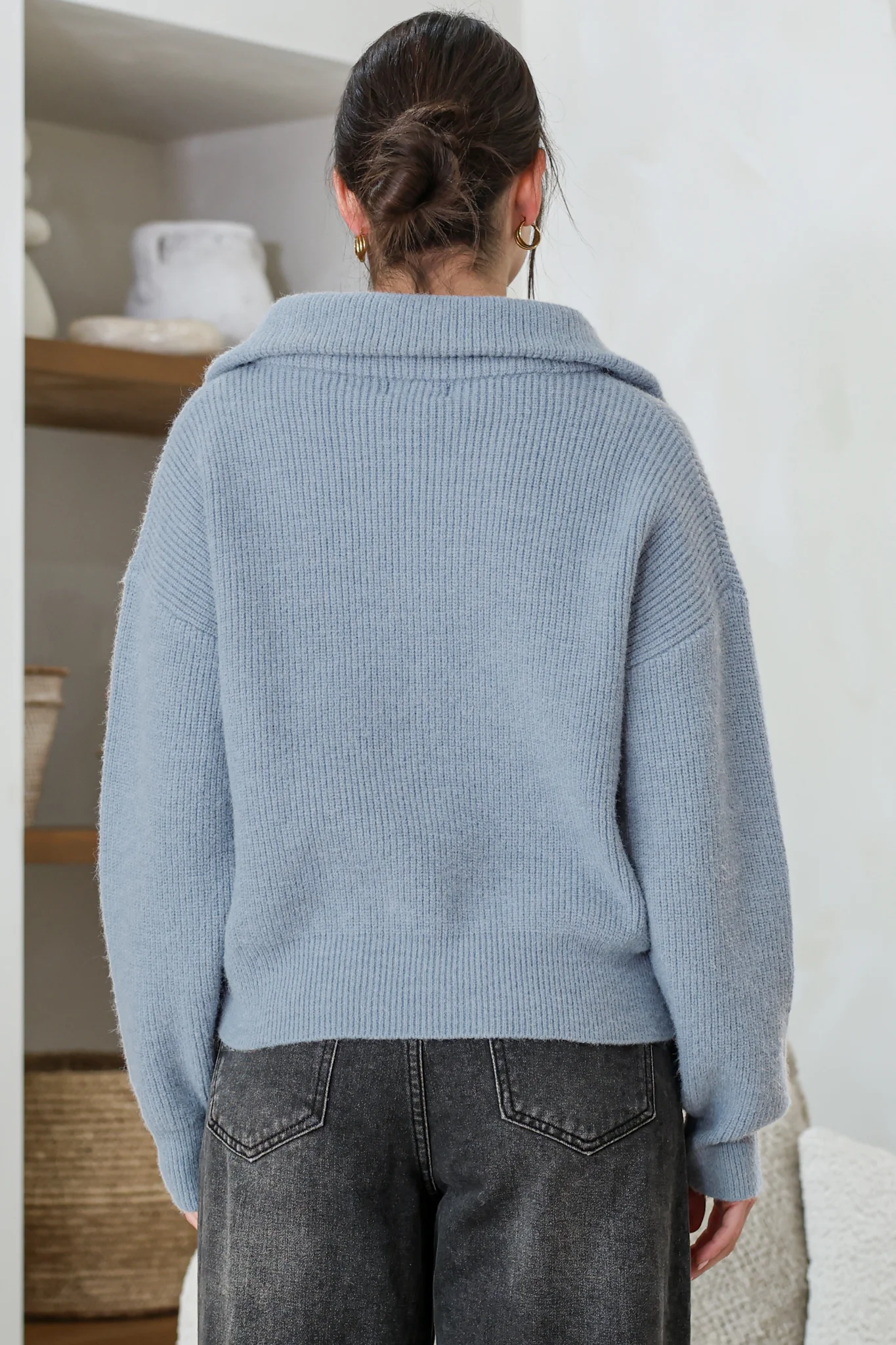 Logan Cardigan - Zipper Front Ribbed Knit with Wing Collar in Blue - Image 8