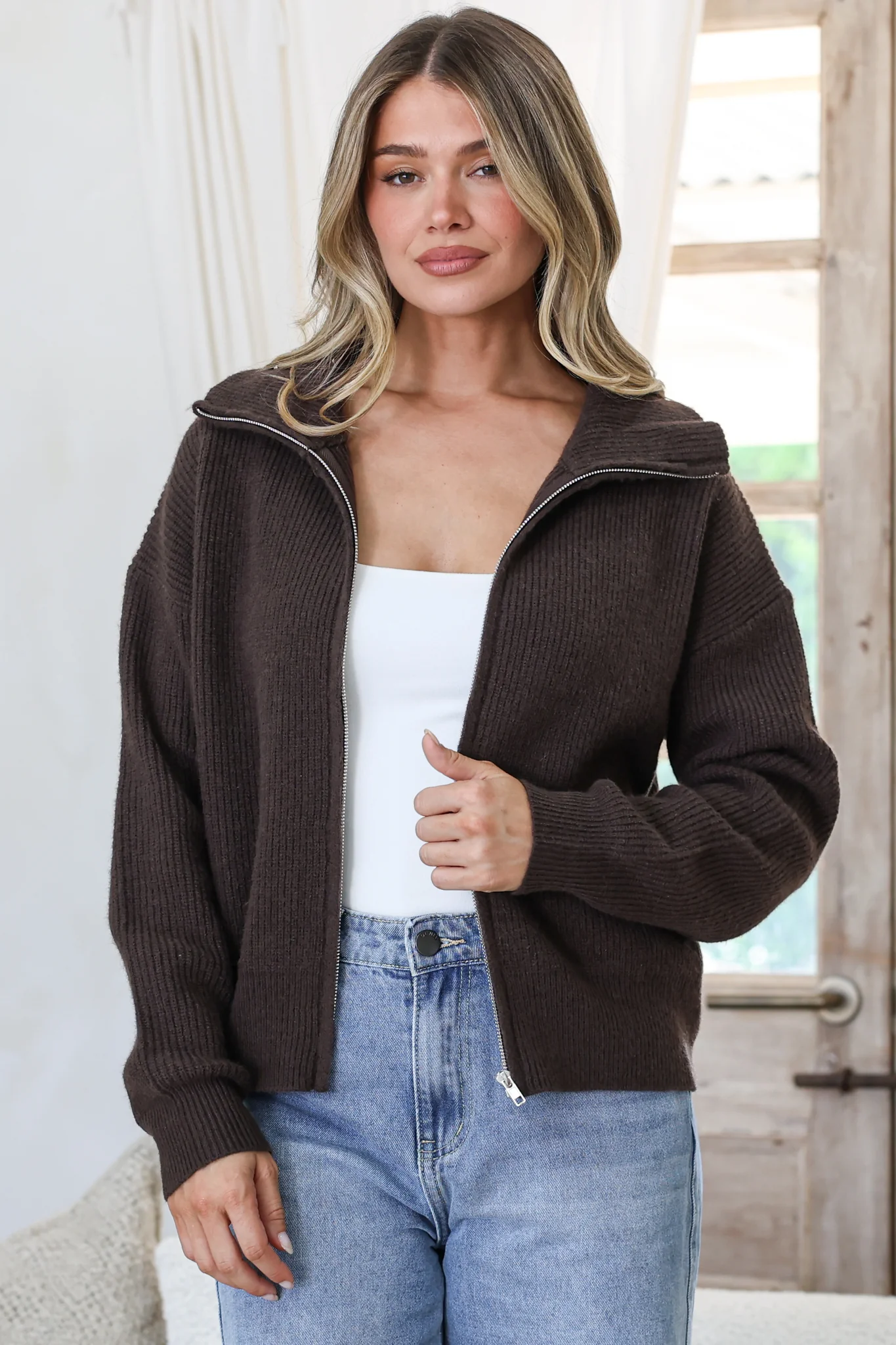 Logan Cardigan - Zipper Front Ribbed Knit with Wing Collar in Coffee - Image 4