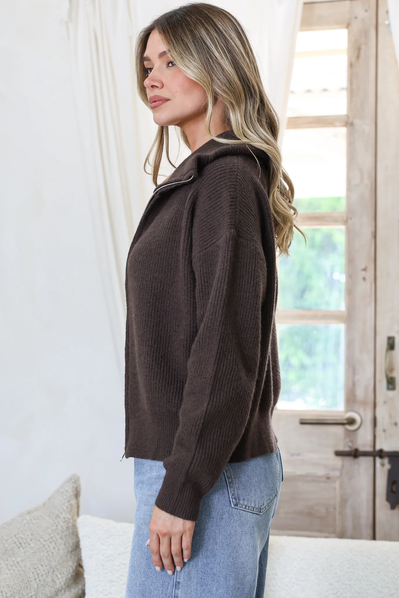 Logan Cardigan - Zipper Front Ribbed Knit with Wing Collar in Coffee - Image 5