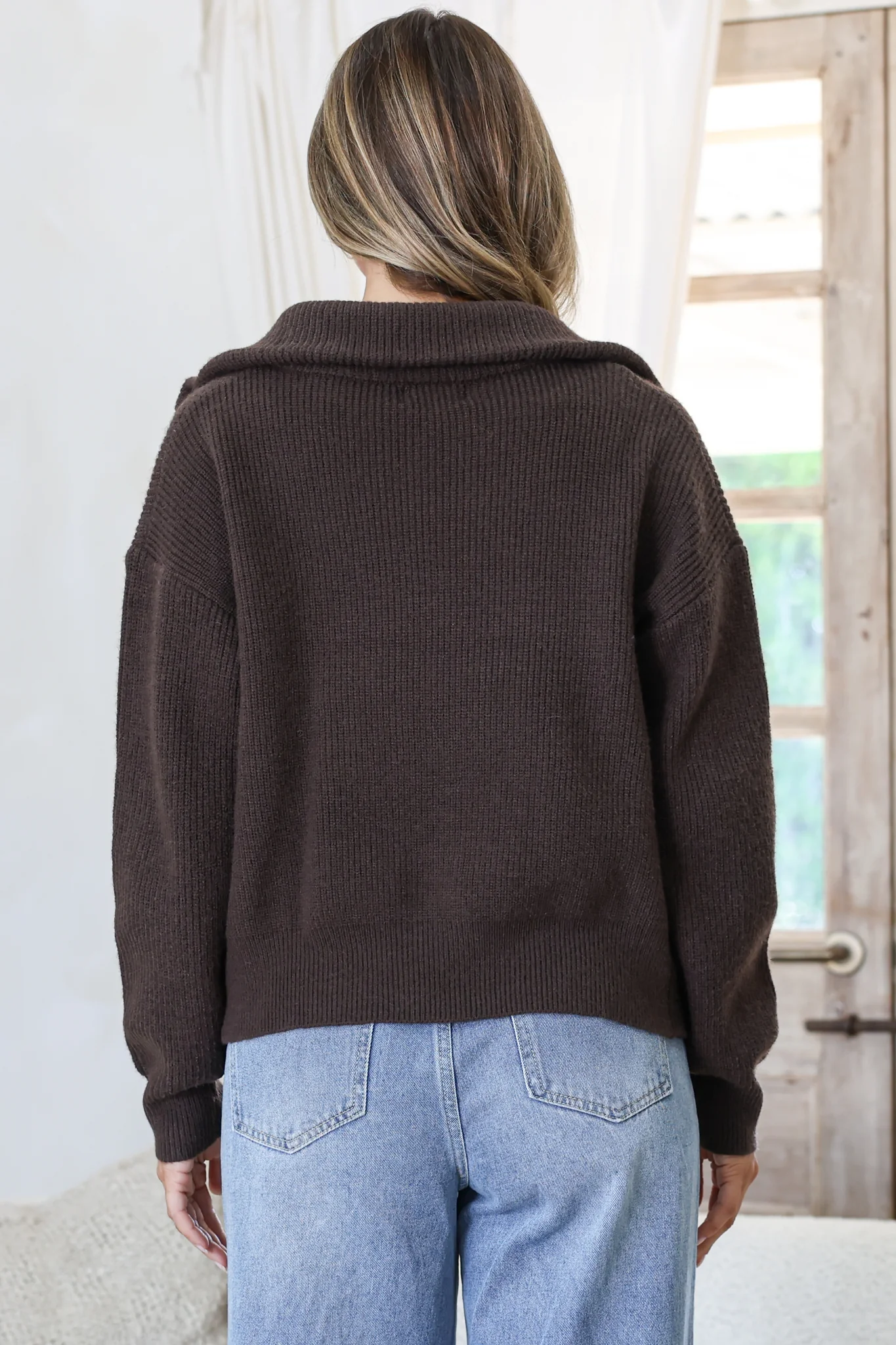 Logan Cardigan - Zipper Front Ribbed Knit with Wing Collar in Coffee - Image 6