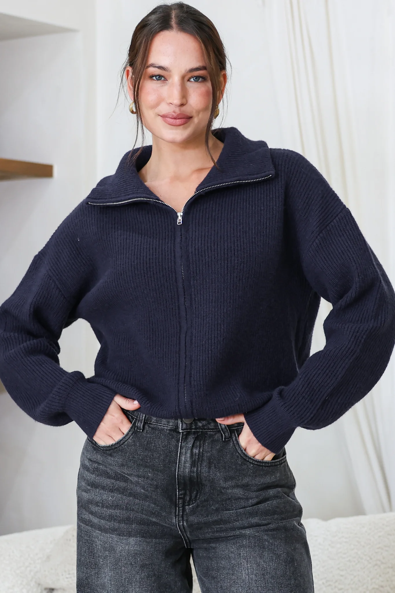 Logan Cardigan - Zipper Front Ribbed Knit with Wing Collar in Navy - Image 5