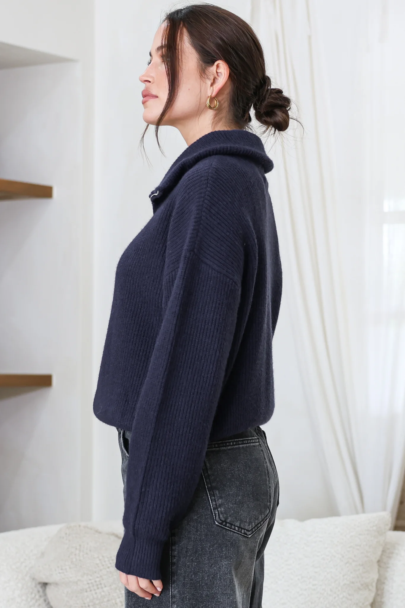 Logan Cardigan - Zipper Front Ribbed Knit with Wing Collar in Navy - Image 7