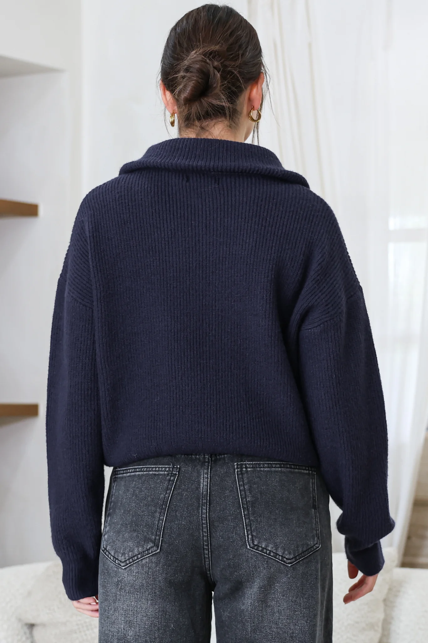 Logan Cardigan - Zipper Front Ribbed Knit with Wing Collar in Navy - Image 8