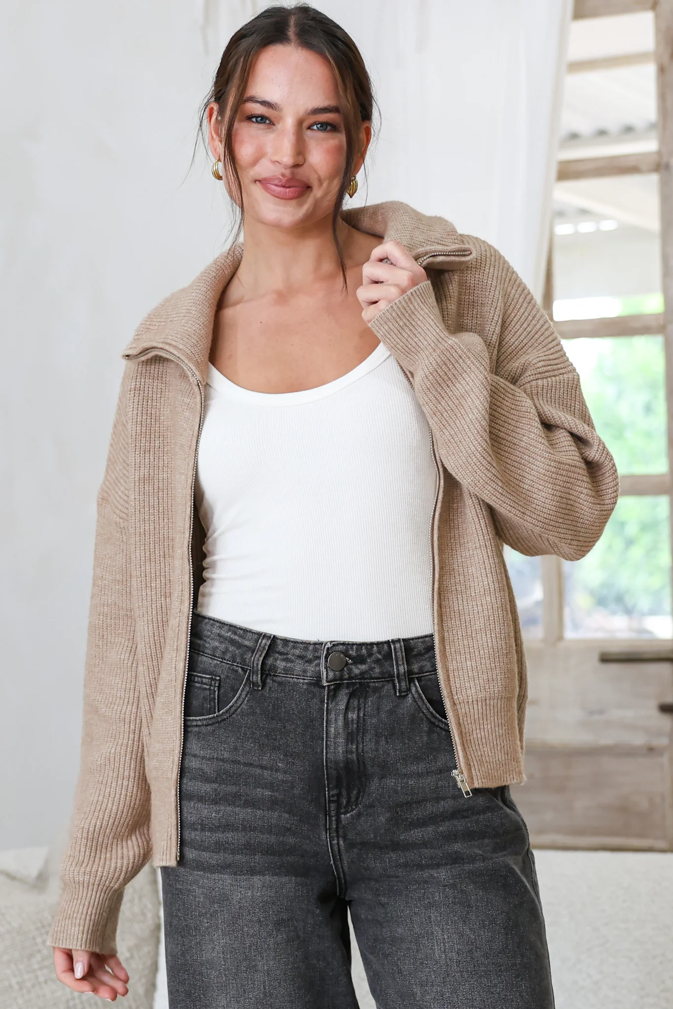 Logan Cardigan - Zipper Front Ribbed Knit with Wing Collar in Taupe