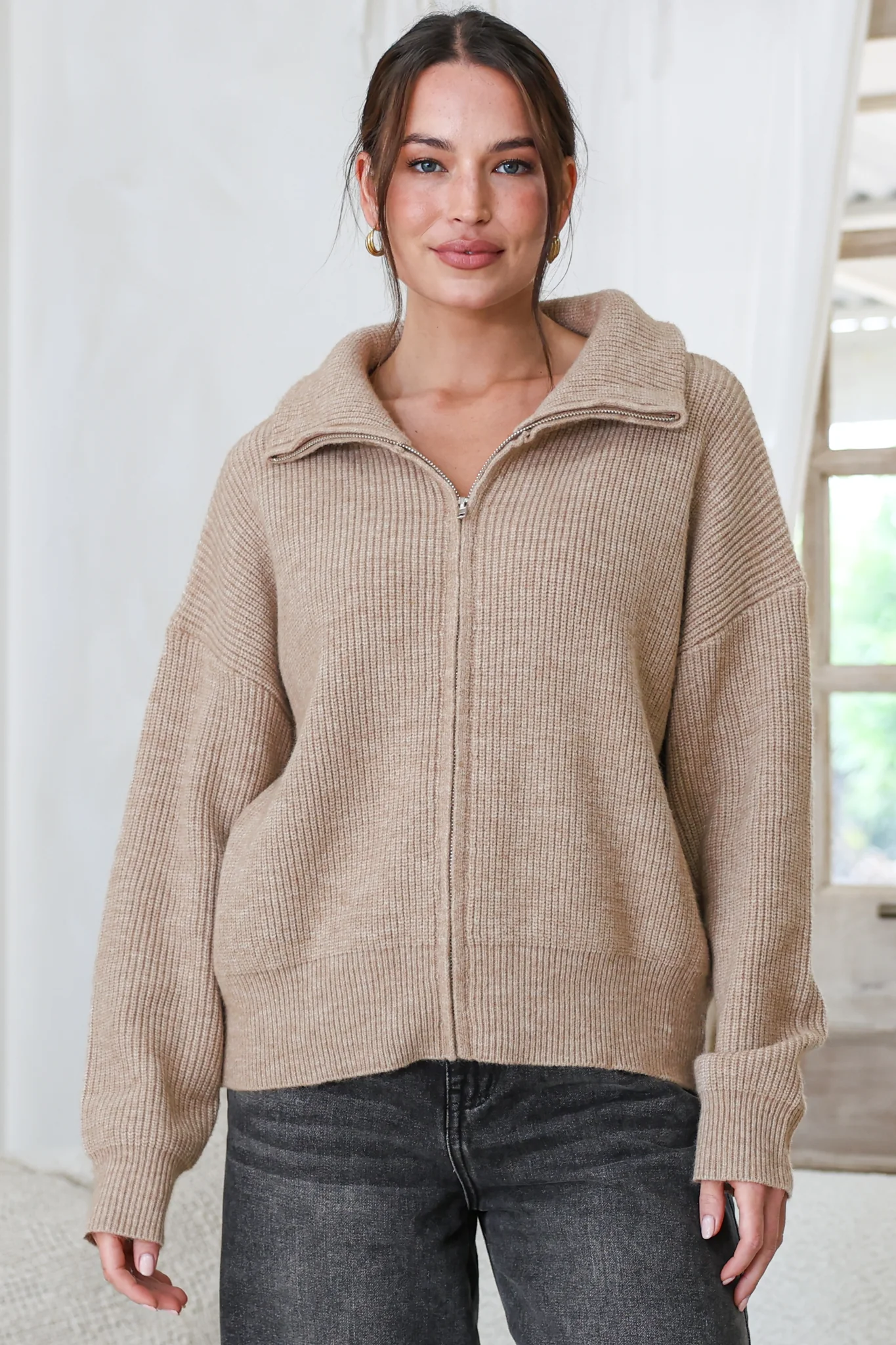 Logan Cardigan - Zipper Front Ribbed Knit with Wing Collar in Taupe - Image 2