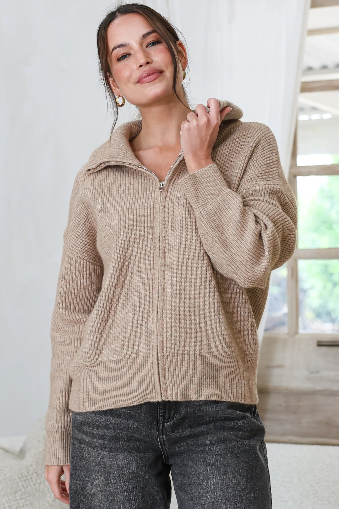 Logan Cardigan - Zipper Front Ribbed Knit with Wing Collar in Taupe - Image 4