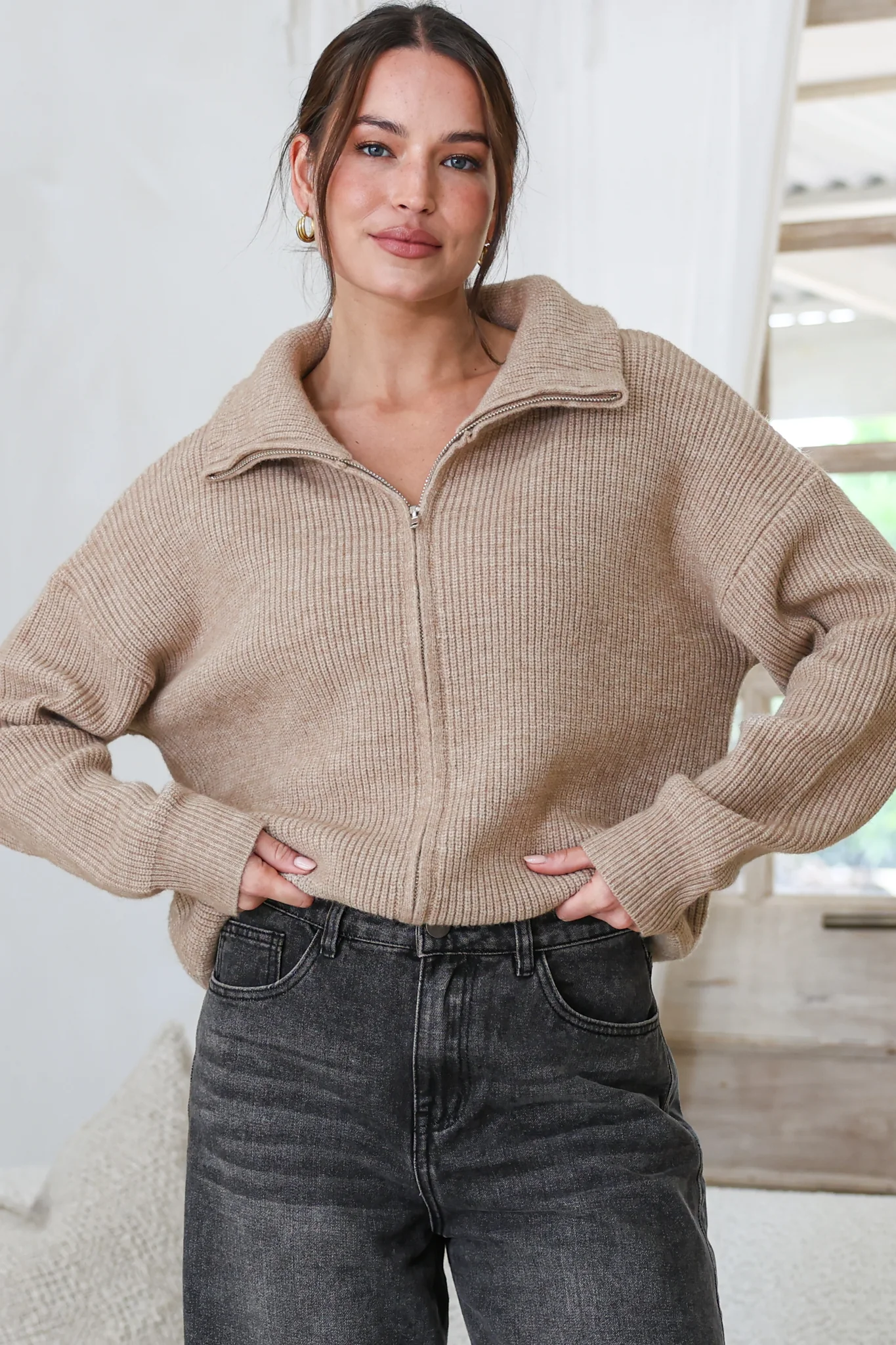 Logan Cardigan - Zipper Front Ribbed Knit with Wing Collar in Taupe - Image 5