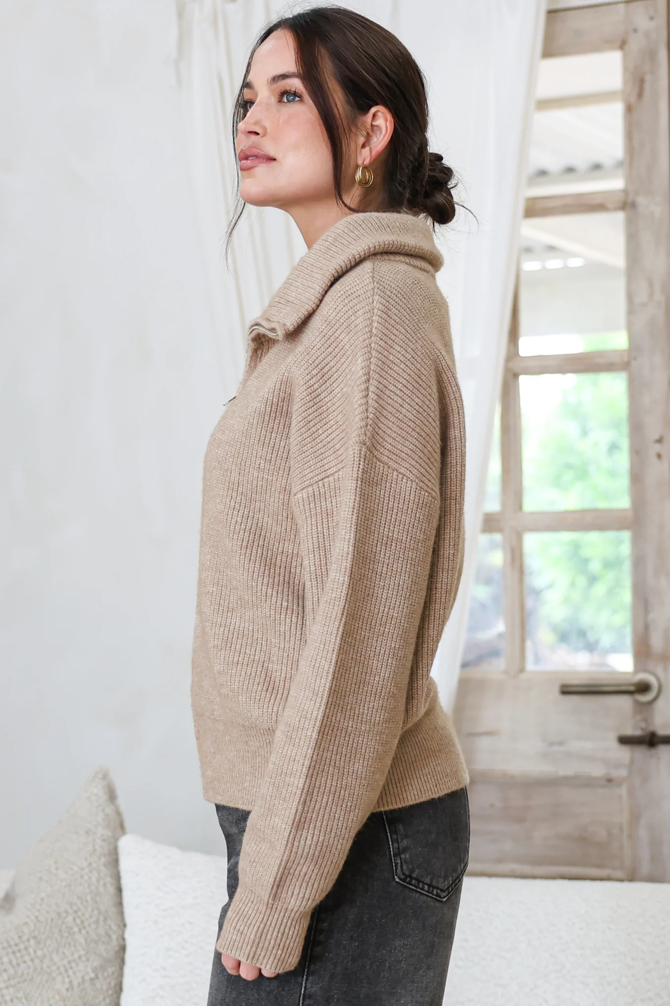 Logan Cardigan - Zipper Front Ribbed Knit with Wing Collar in Taupe - Image 7