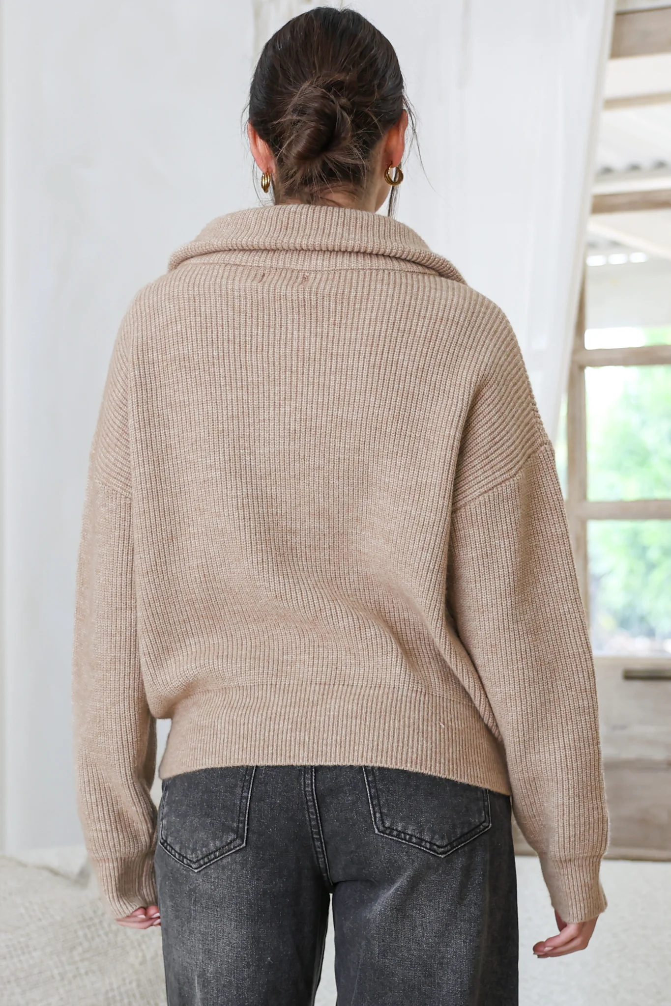 Logan Cardigan - Zipper Front Ribbed Knit with Wing Collar in Taupe - Image 8