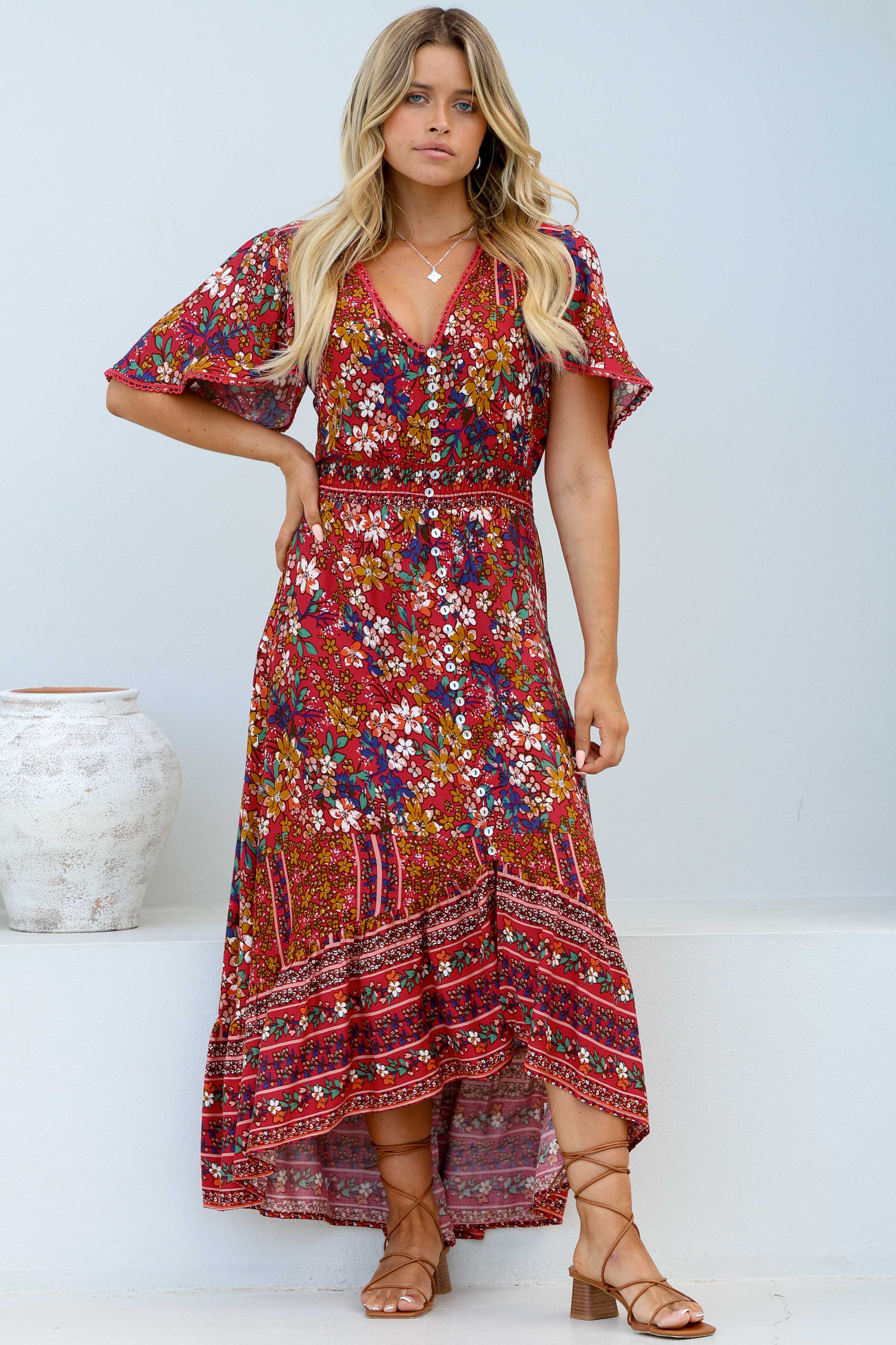 London Maxi Dress - Elasticated Waist Button Detail High Low Dress with Flutter Cap Sleeves in Floral Print - Image 6