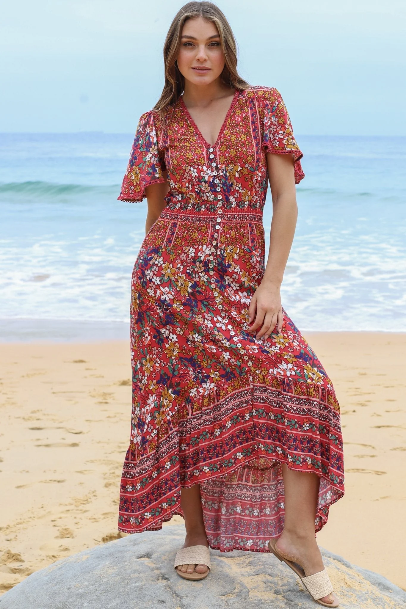 London Maxi Dress - Elasticated Waist Button Detail High Low Dress with Flutter Cap Sleeves in Floral Print - Image 7