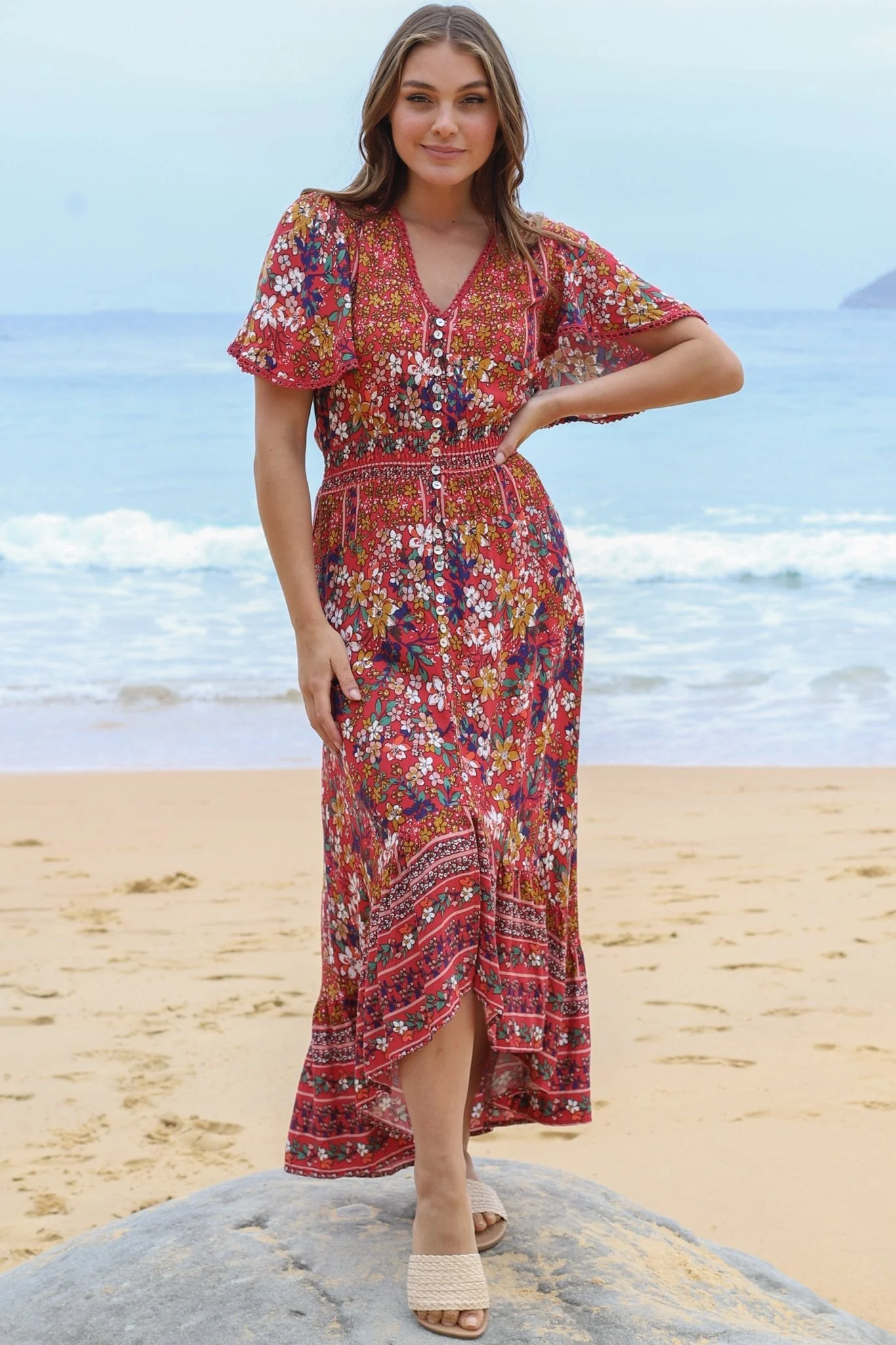 London Maxi Dress - Elasticated Waist Button Detail High Low Dress with Flutter Cap Sleeves in Floral Print - Image 8