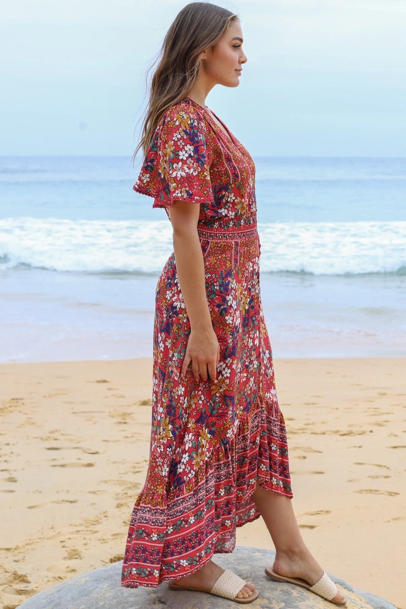 London Maxi Dress - Elasticated Waist Button Detail High Low Dress with Flutter Cap Sleeves in Floral Print - Image 9