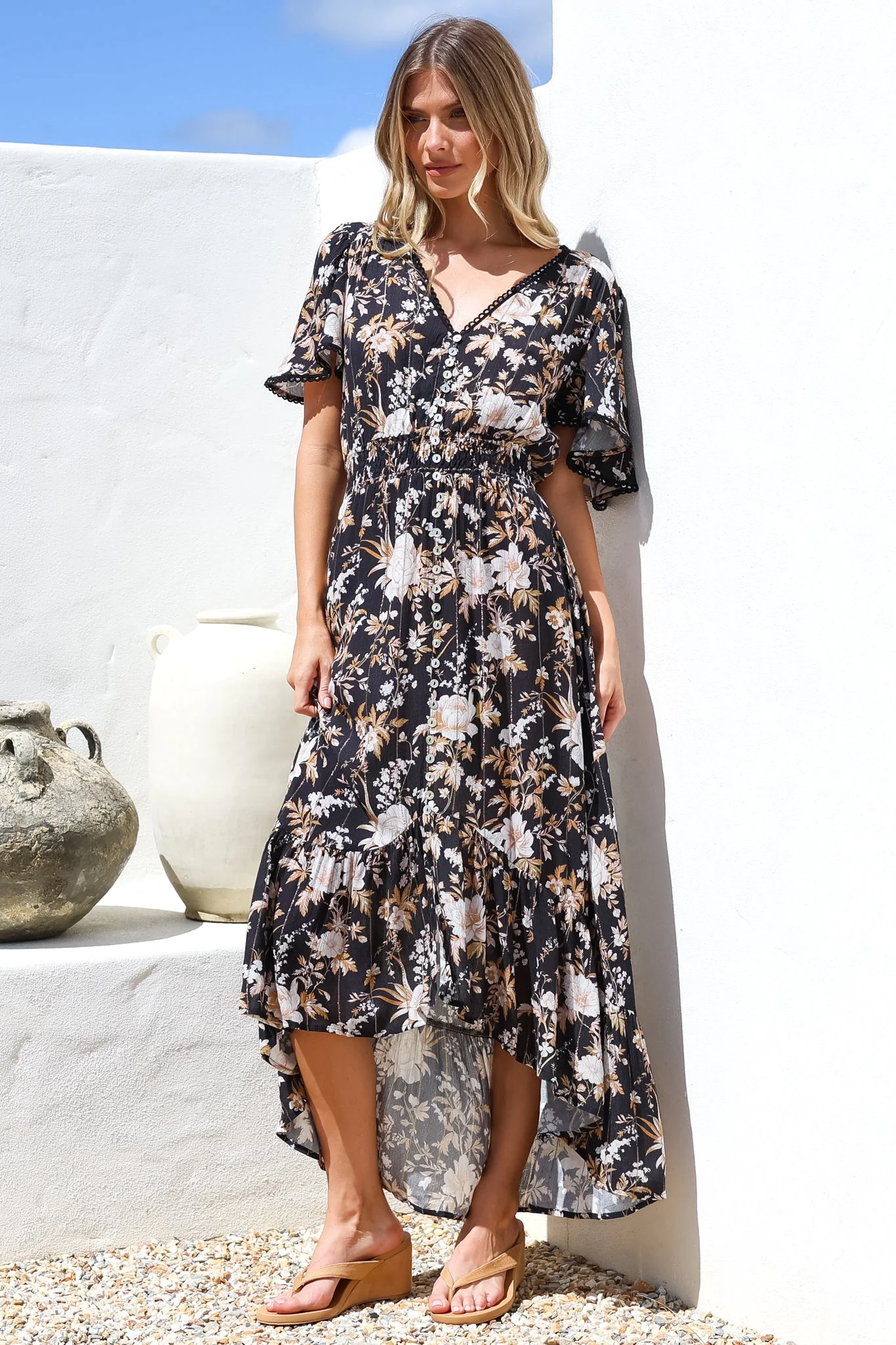 London Maxi Dress - Elasticated Waist Button Detail High Low Dress with Flutter Cap Sleeves in Sorrento Print Black - Image 3