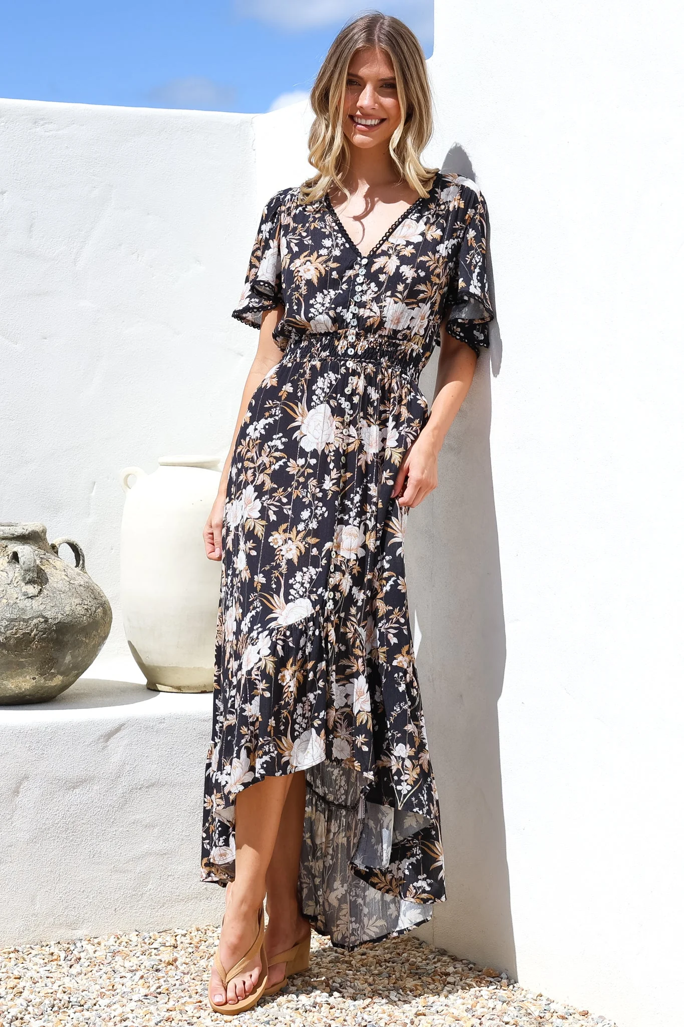 London Maxi Dress - Elasticated Waist Button Detail High Low Dress with Flutter Cap Sleeves in Sorrento Print Black - Image 6