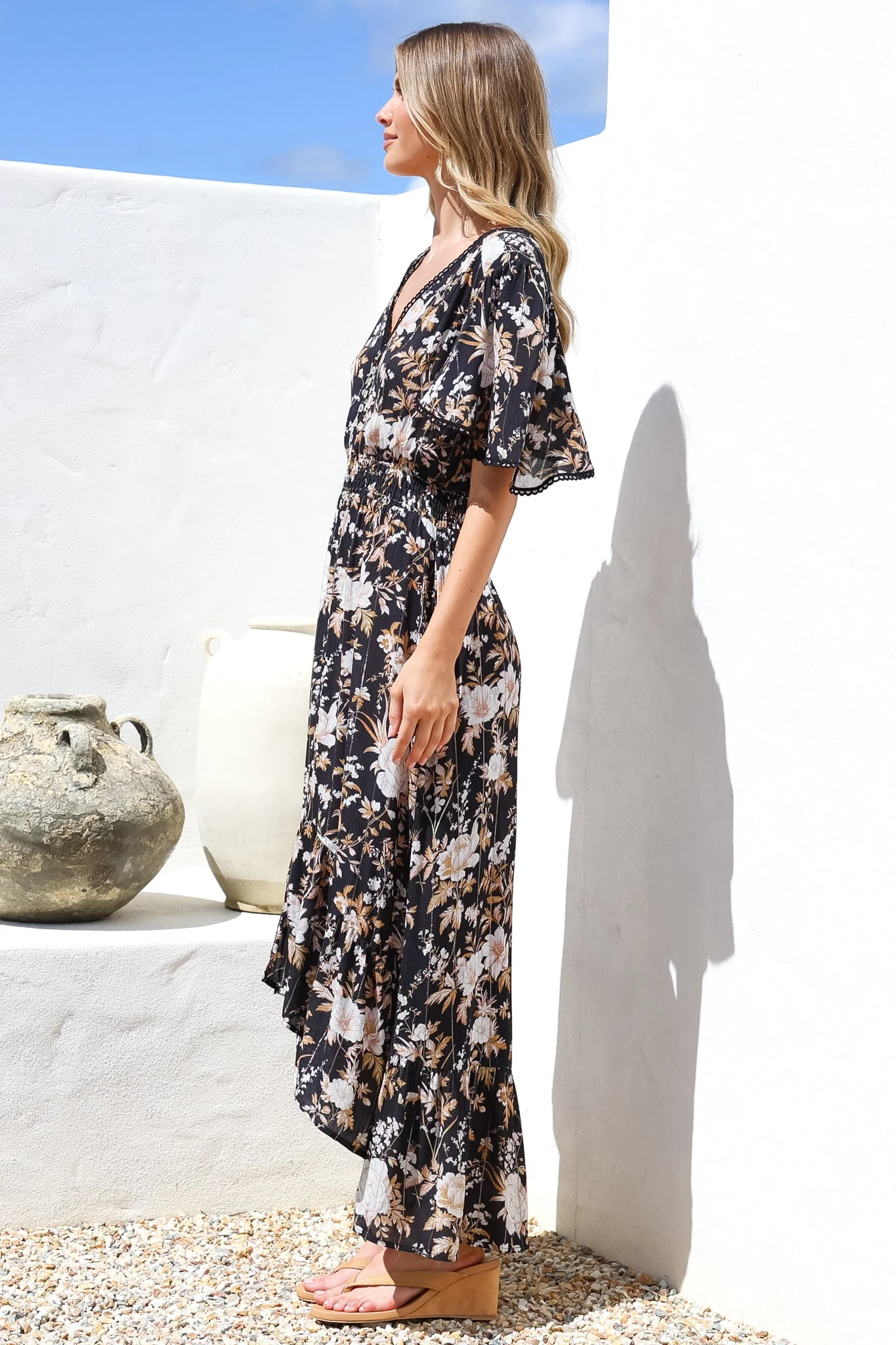 London Maxi Dress - Elasticated Waist Button Detail High Low Dress with Flutter Cap Sleeves in Sorrento Print Black - Image 7