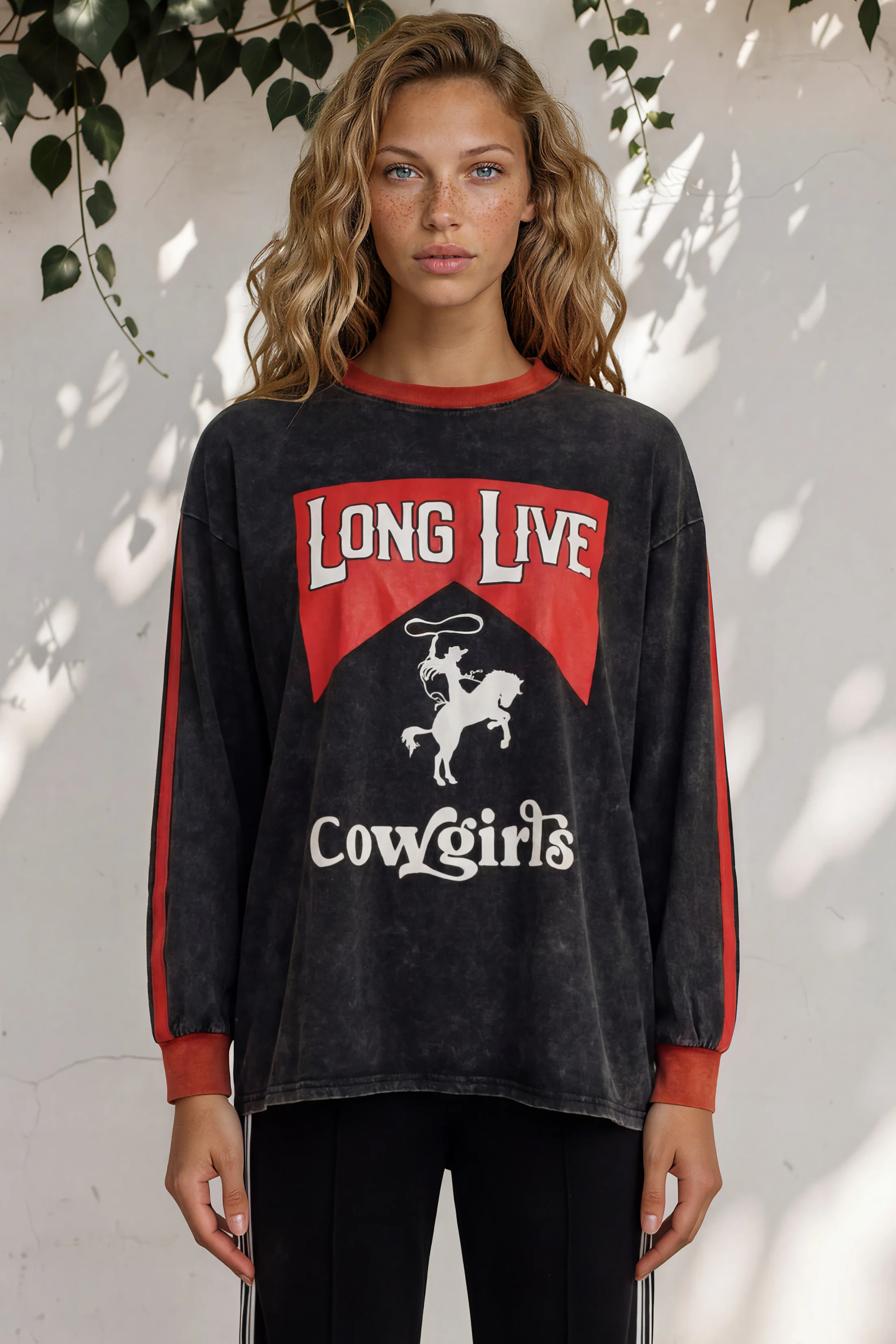 Long Live Cowgirls Long Sleeve Tee - Crew Neck Contrast Stripe Graphic T-Shirt in Black - Image 5