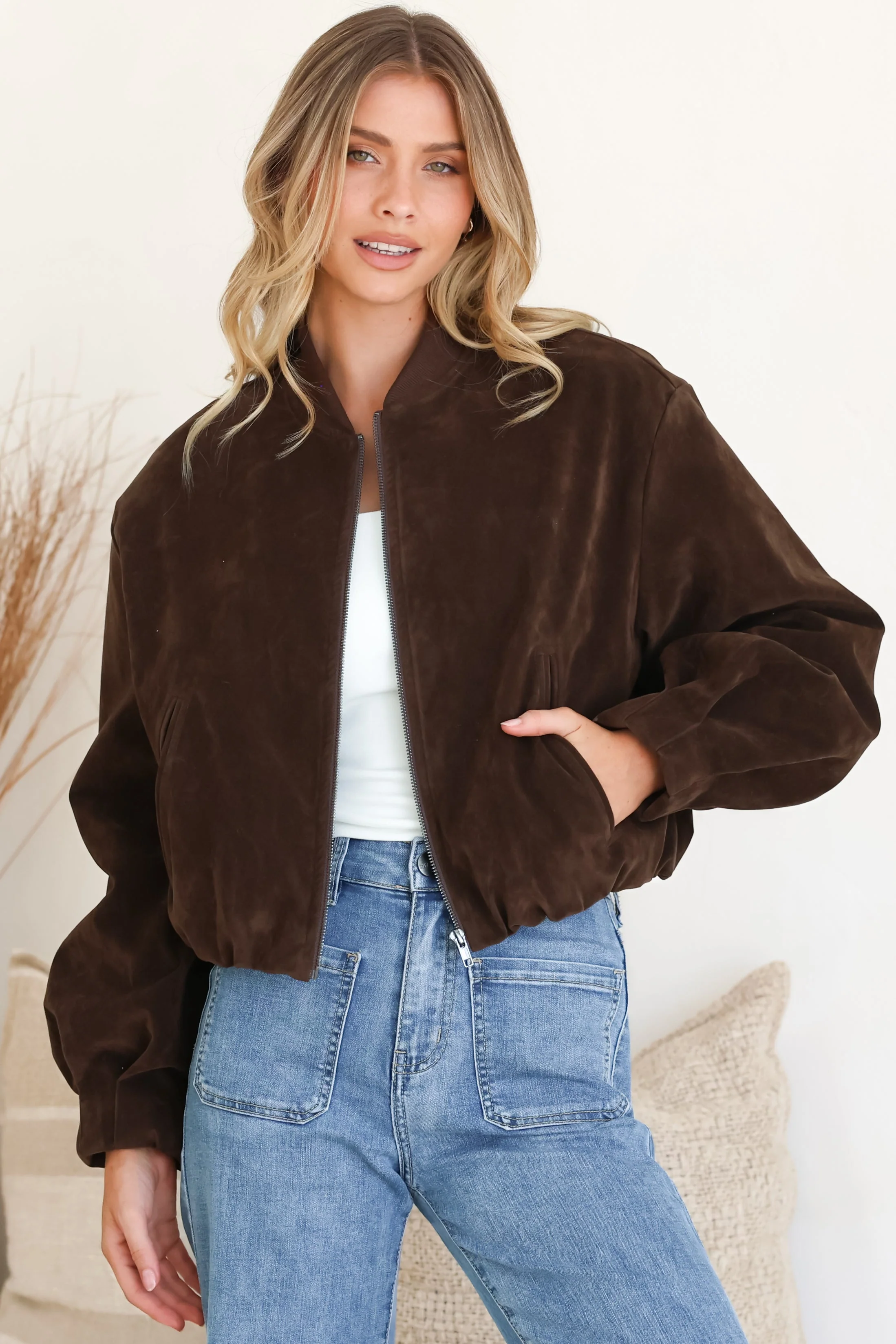 Lowry Jacket - Faux Suede Bomber Jacket with Pockets in Brown