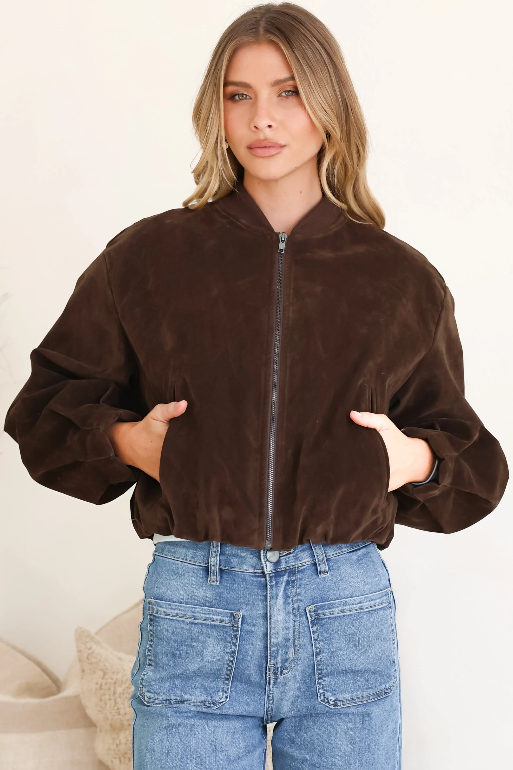 Lowry Jacket - Faux Suede Bomber Jacket with Pockets in Brown - Image 2