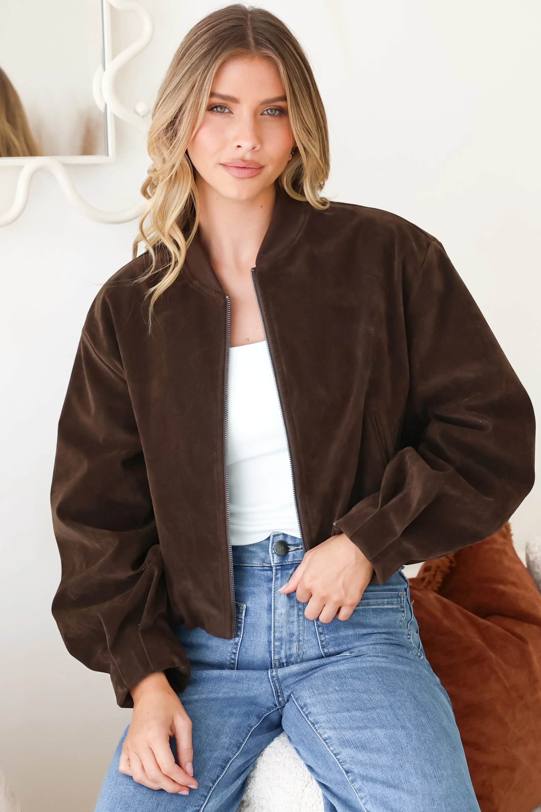 Lowry Jacket - Faux Suede Bomber Jacket with Pockets in Brown - Image 3