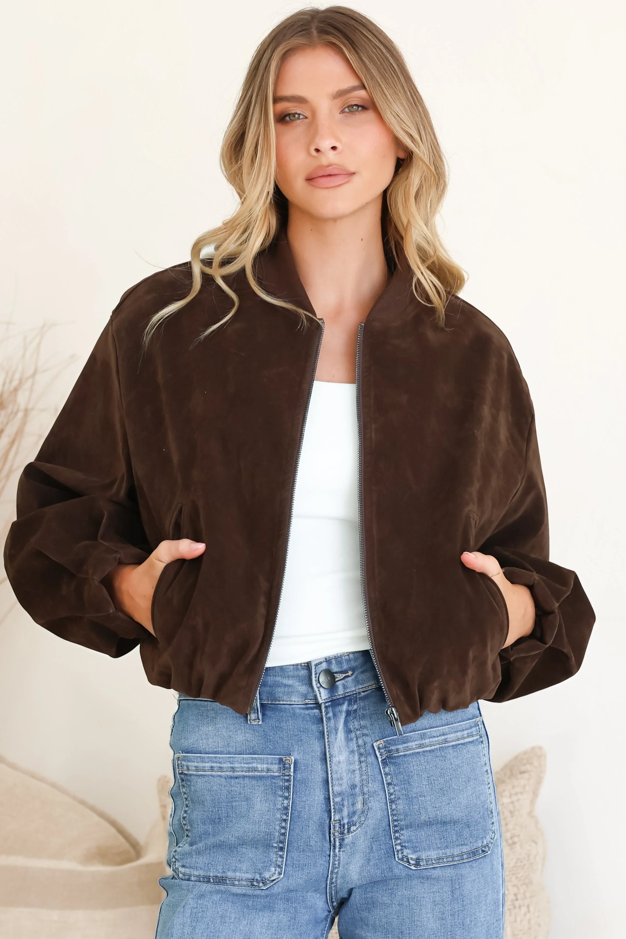 Lowry Jacket - Faux Suede Bomber Jacket with Pockets in Brown - Image 5