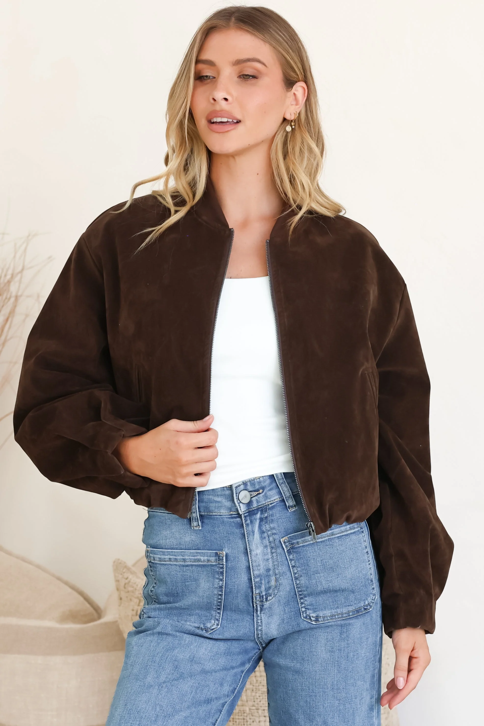 Lowry Jacket - Faux Suede Bomber Jacket with Pockets in Brown - Image 6
