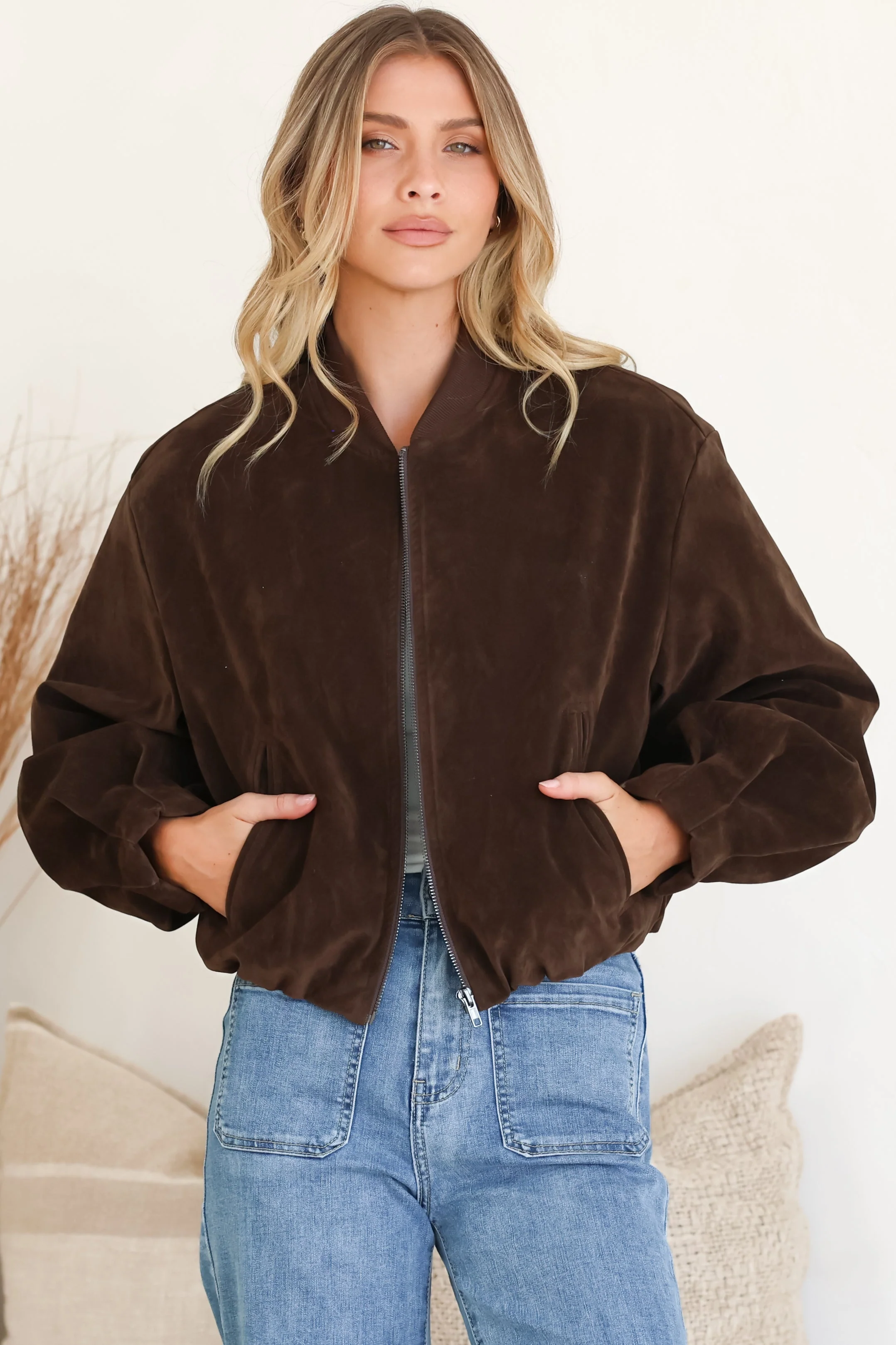 Lowry Jacket - Faux Suede Bomber Jacket with Pockets in Brown - Image 7