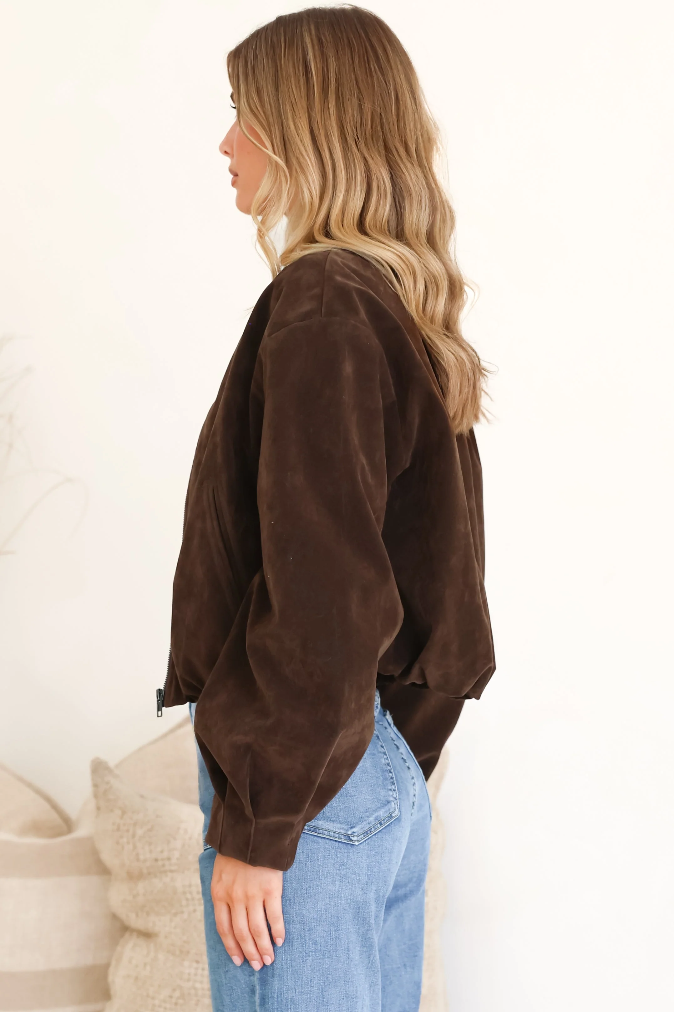 Lowry Jacket - Faux Suede Bomber Jacket with Pockets in Brown - Image 8