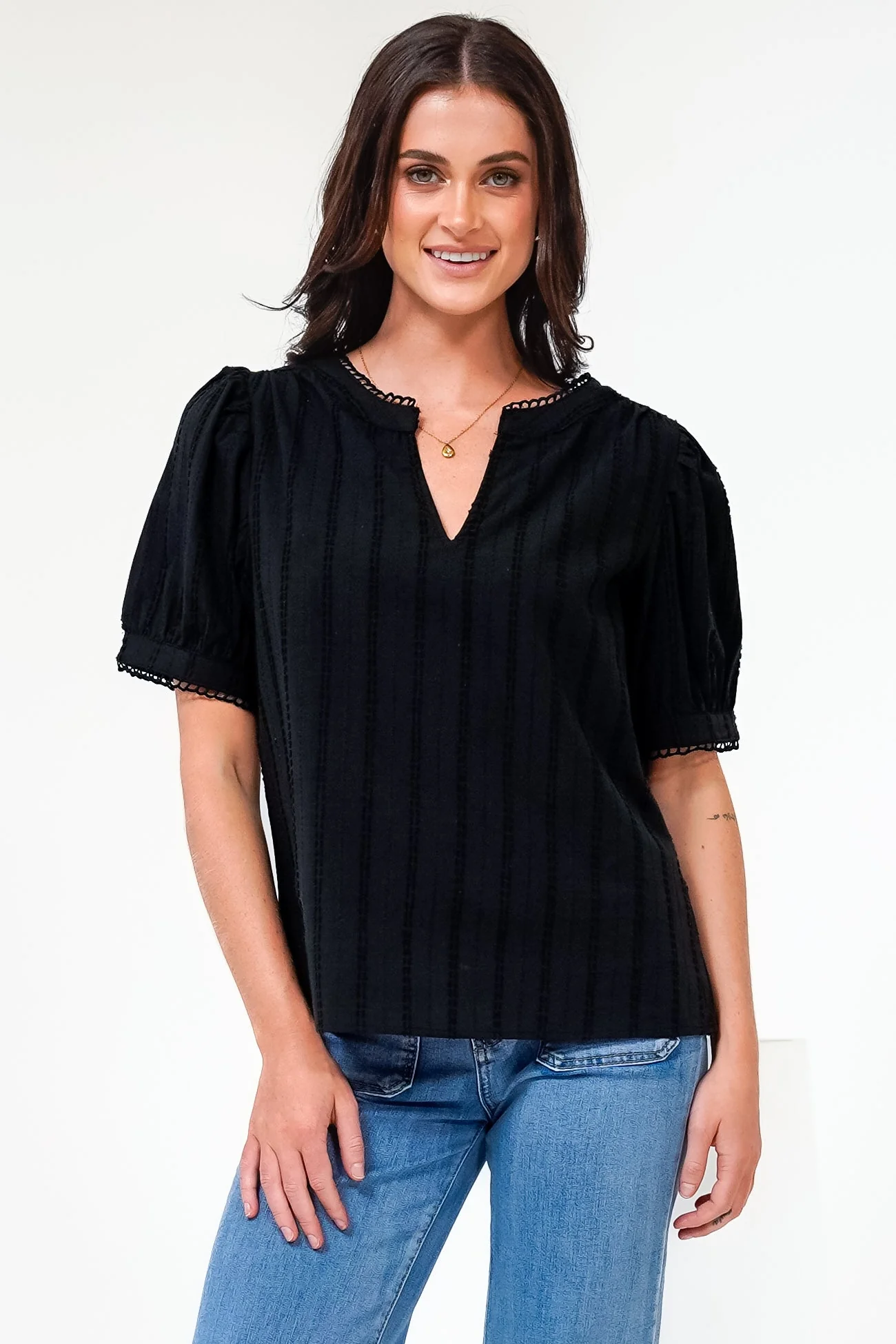Loyalty Top - Textured V-Neck Split Collar Top with Puff Sleeves and Scallop Trims in Black - Image 5