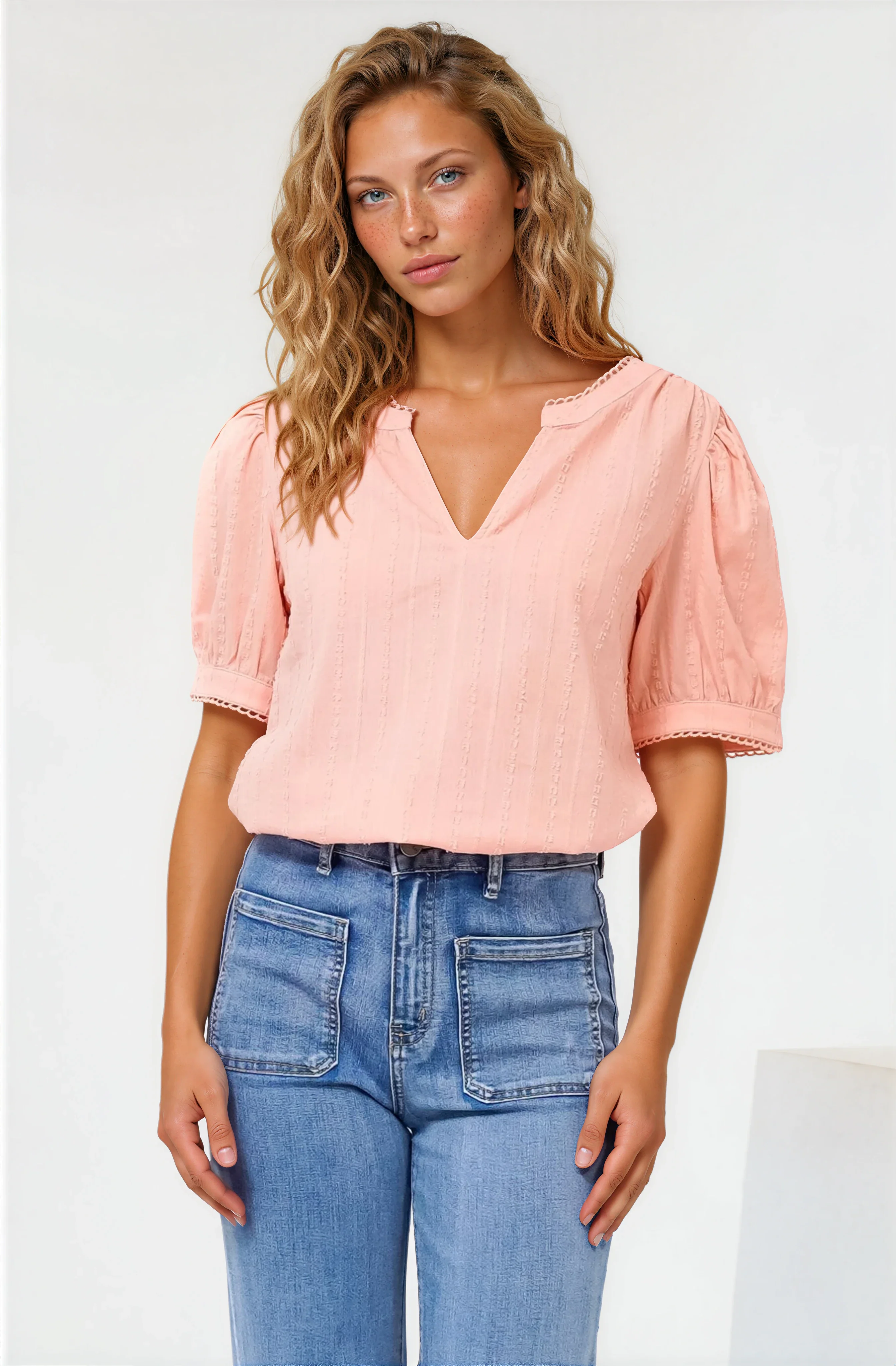 Loyalty Top - Textured V-Neck Split Collar Top with Puff Sleeves and Scallop Trims in Peach - Image 2