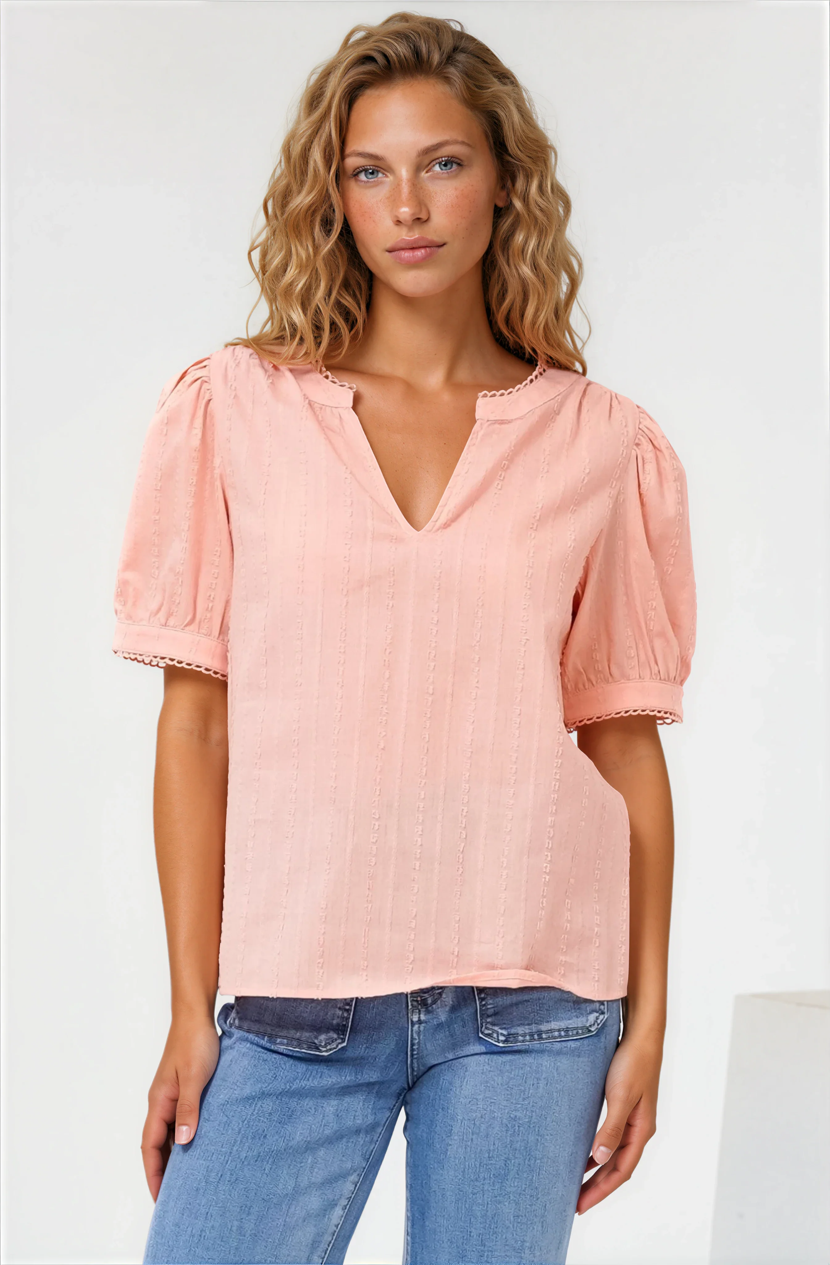 Loyalty Top - Textured V-Neck Split Collar Top with Puff Sleeves and Scallop Trims in Peach - Image 3