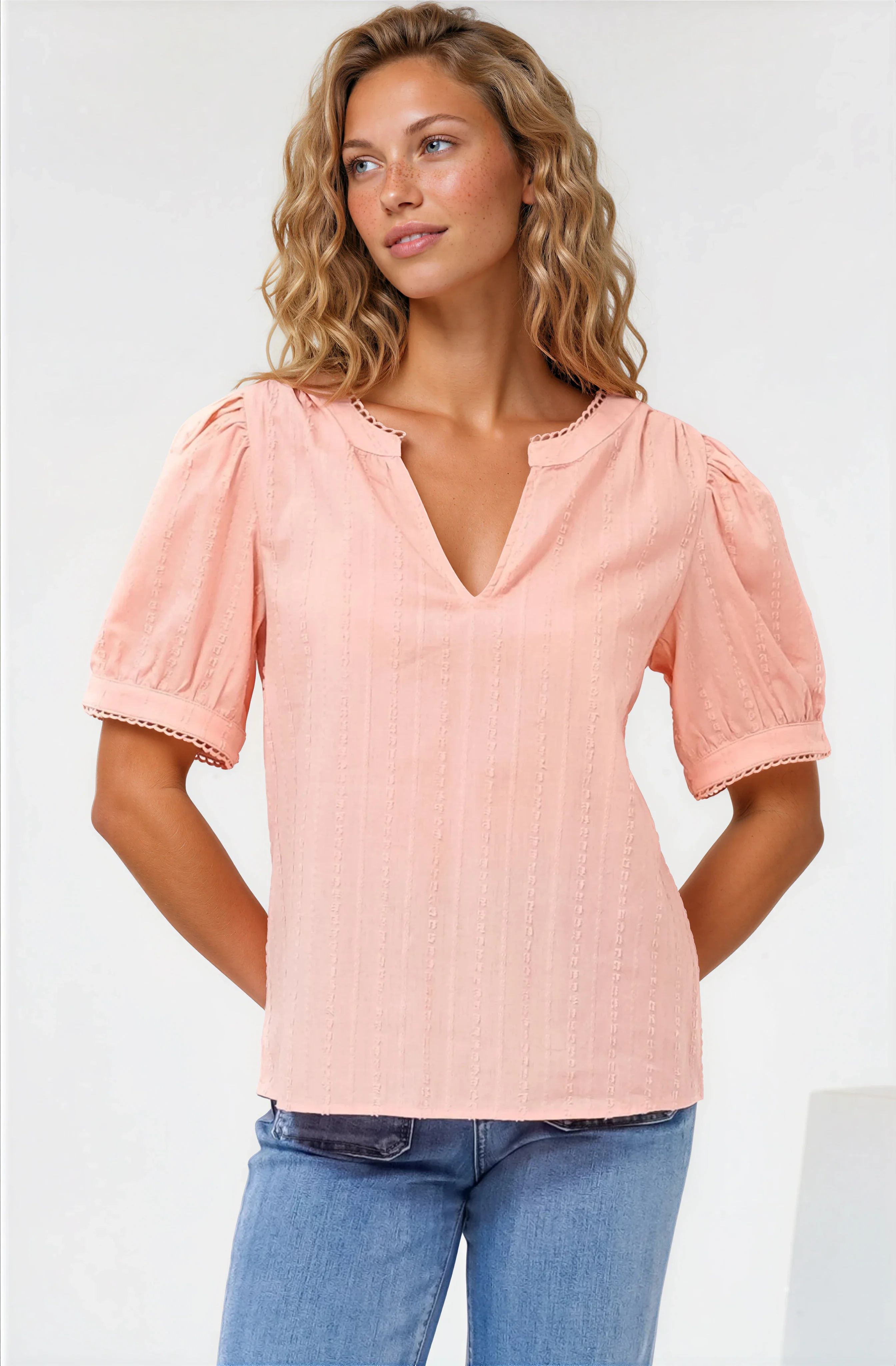 Loyalty Top - Textured V-Neck Split Collar Top with Puff Sleeves and Scallop Trims in Peach - Image 4