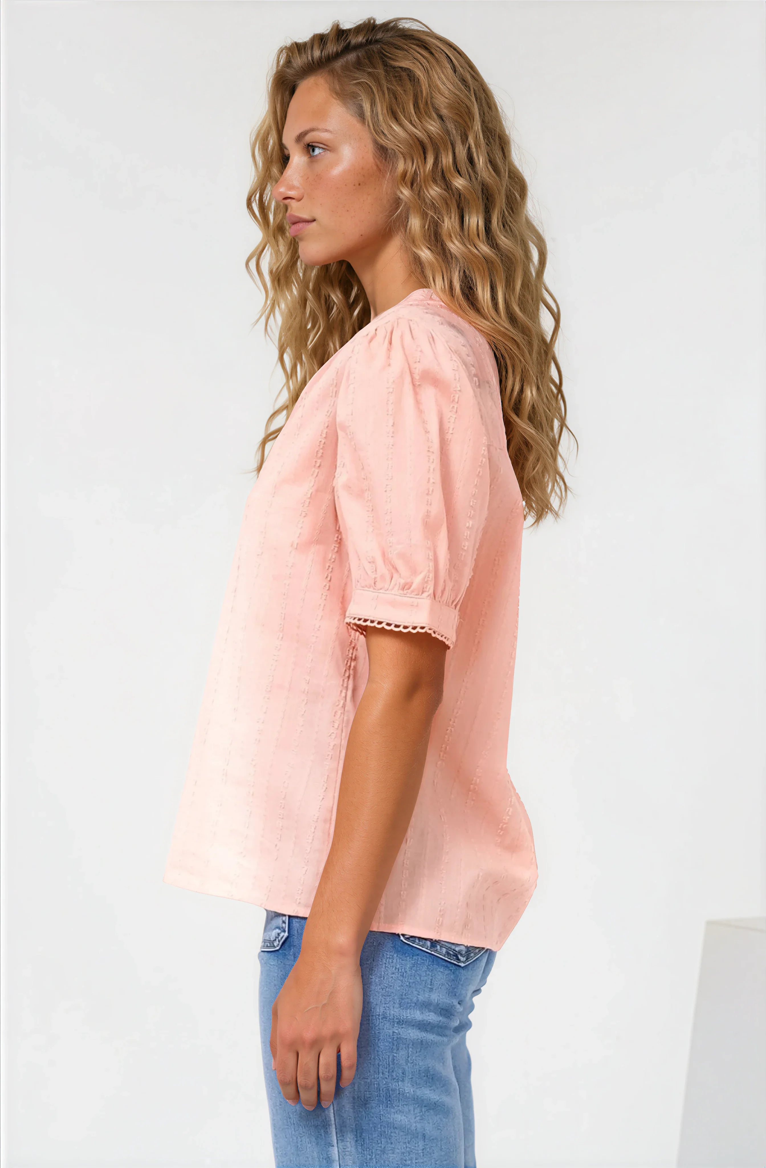 Loyalty Top - Textured V-Neck Split Collar Top with Puff Sleeves and Scallop Trims in Peach - Image 5