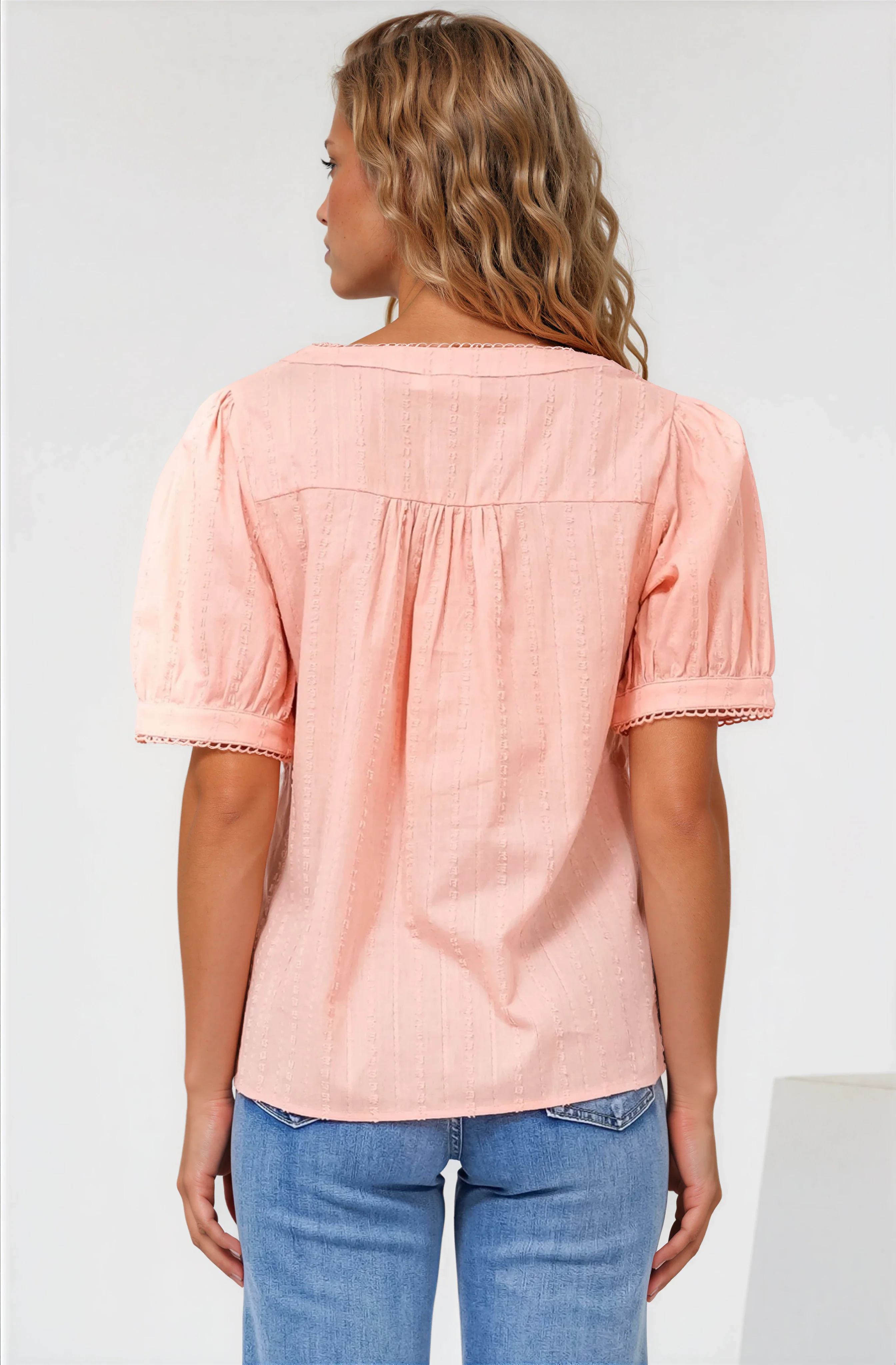 Loyalty Top - Textured V-Neck Split Collar Top with Puff Sleeves and Scallop Trims in Peach - Image 6