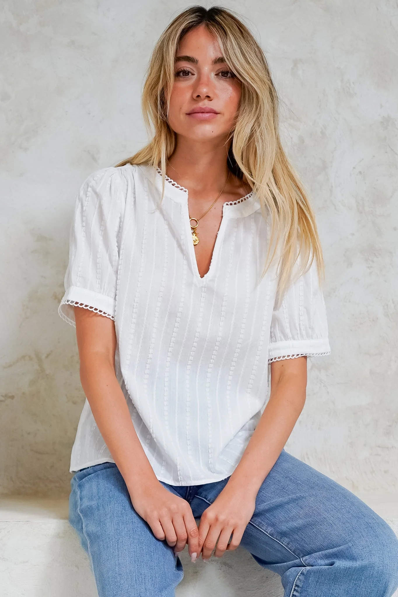 Loyalty Top - Textured V-Neck Split Collar Top with Puff Sleeves and Scallop Trims in White - Image 3