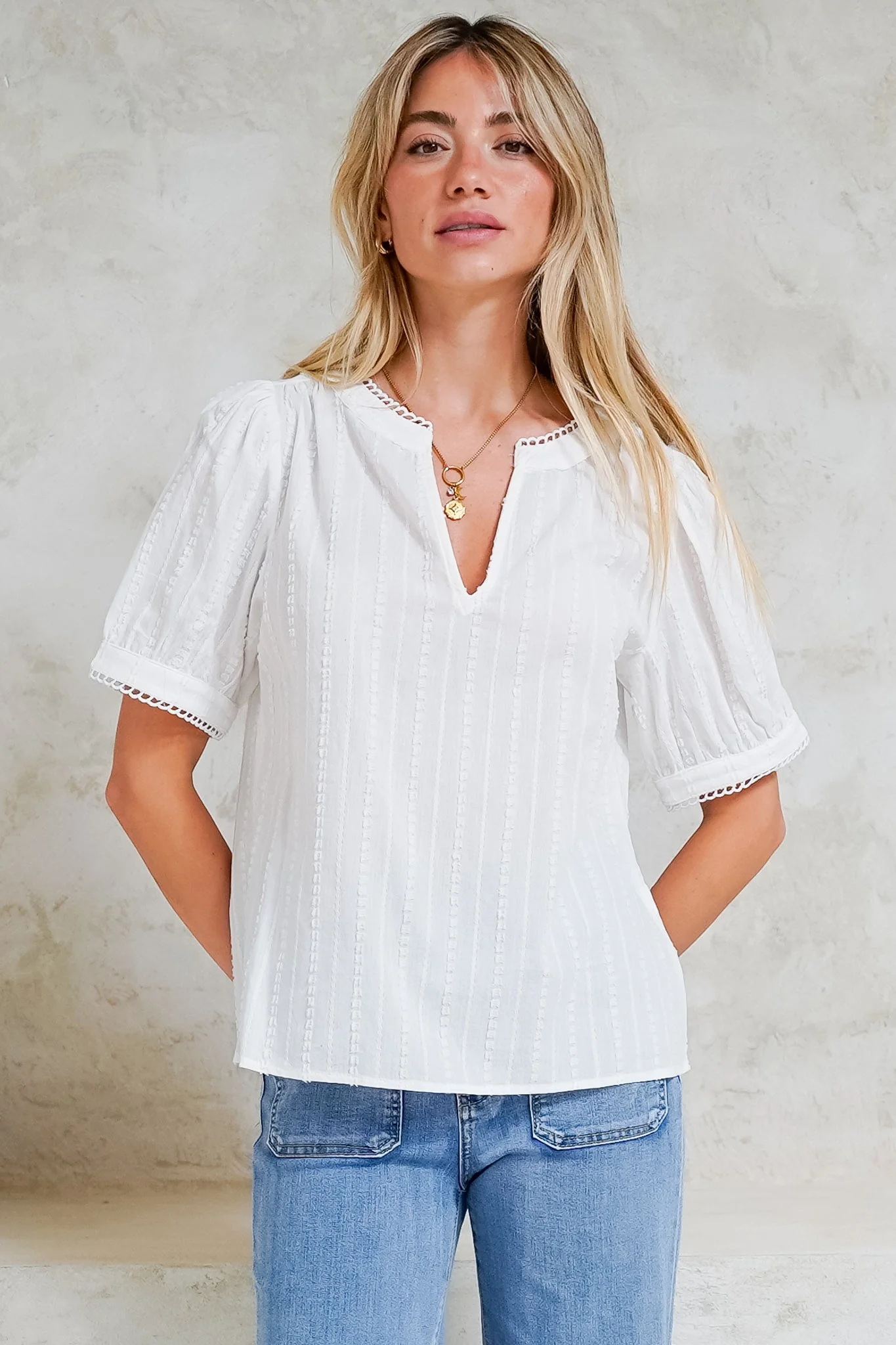 Loyalty Top - Textured V-Neck Split Collar Top with Puff Sleeves and Scallop Trims in White - Image 5