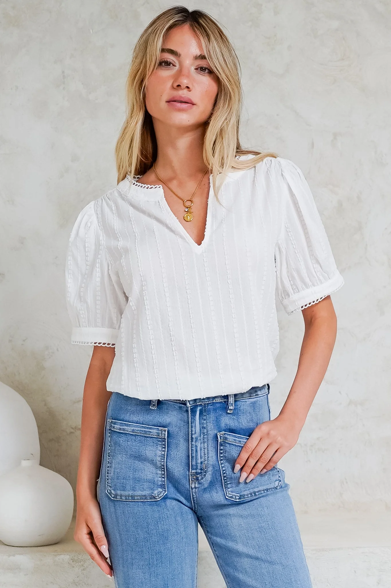 Loyalty Top - Textured V-Neck Split Collar Top with Puff Sleeves and Scallop Trims in White - Image 6