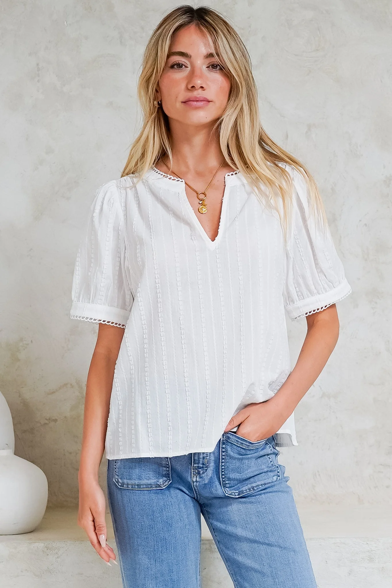 Loyalty Top - Textured V-Neck Split Collar Top with Puff Sleeves and Scallop Trims in White - Image 7