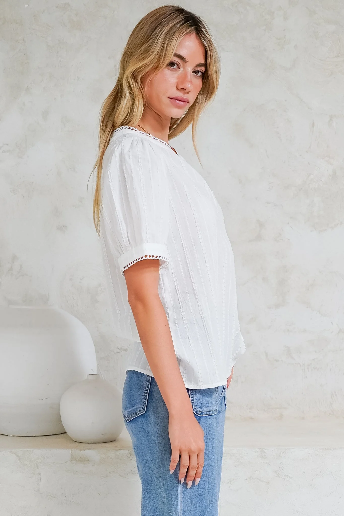 Loyalty Top - Textured V-Neck Split Collar Top with Puff Sleeves and Scallop Trims in White - Image 8