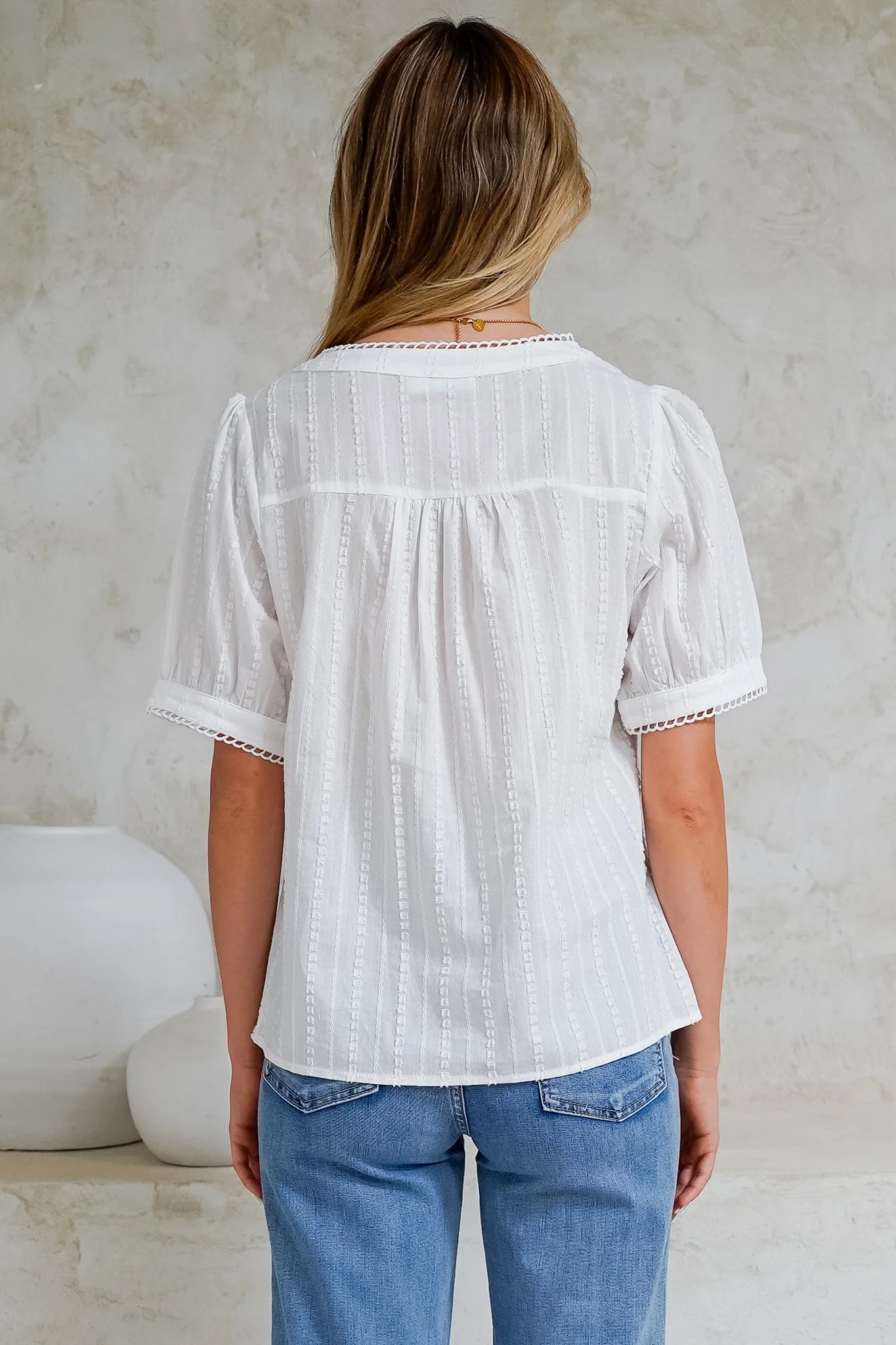 Loyalty Top - Textured V-Neck Split Collar Top with Puff Sleeves and Scallop Trims in White - Image 9