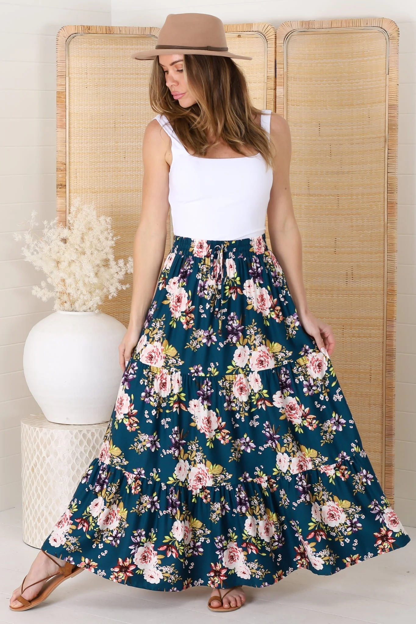 Lucien Maxi Skirt - High Waisted Tiered Skirt in Virginia Print Navy - Image 3