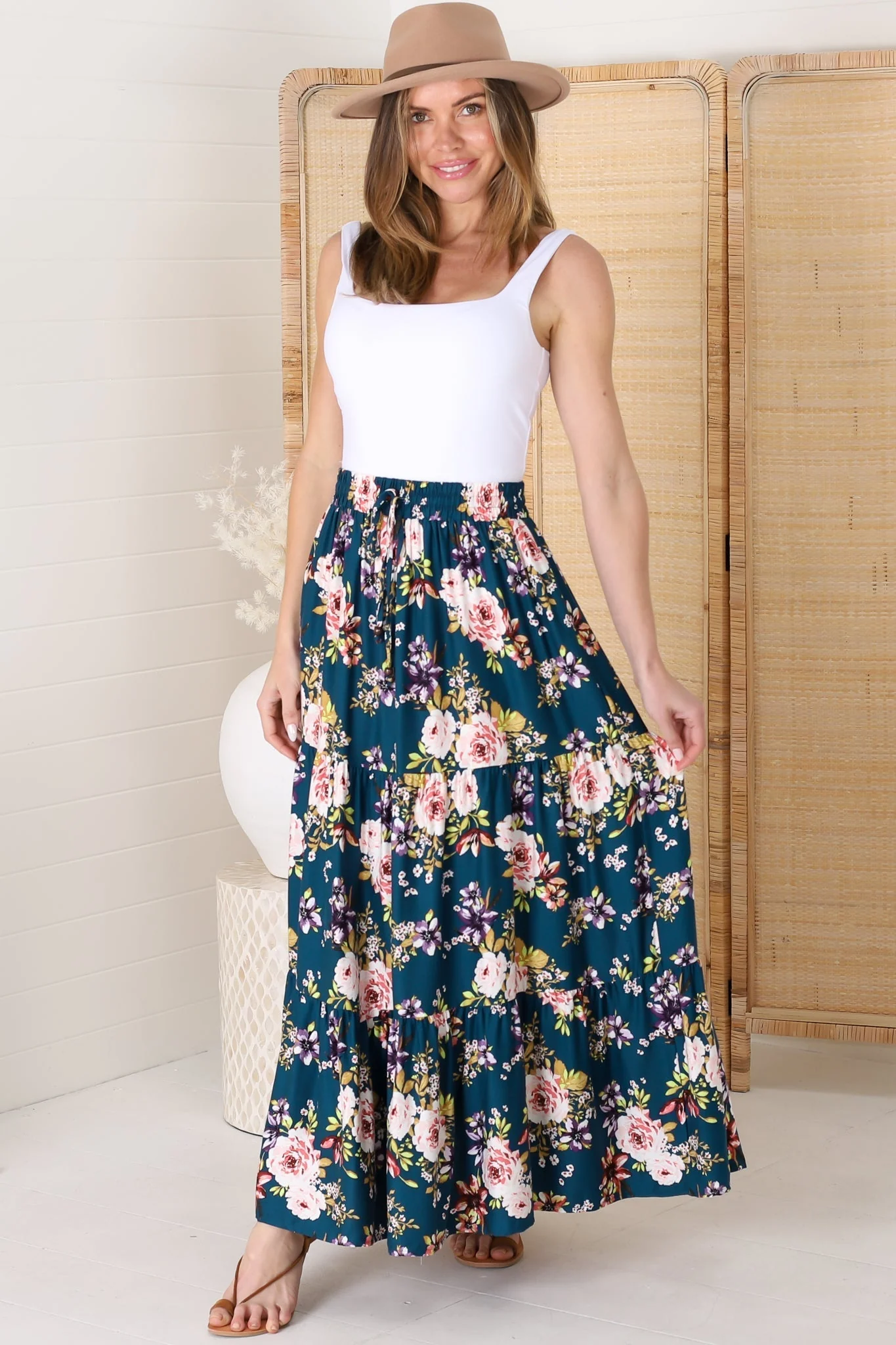 Lucien Maxi Skirt - High Waisted Tiered Skirt in Virginia Print Navy - Image 4