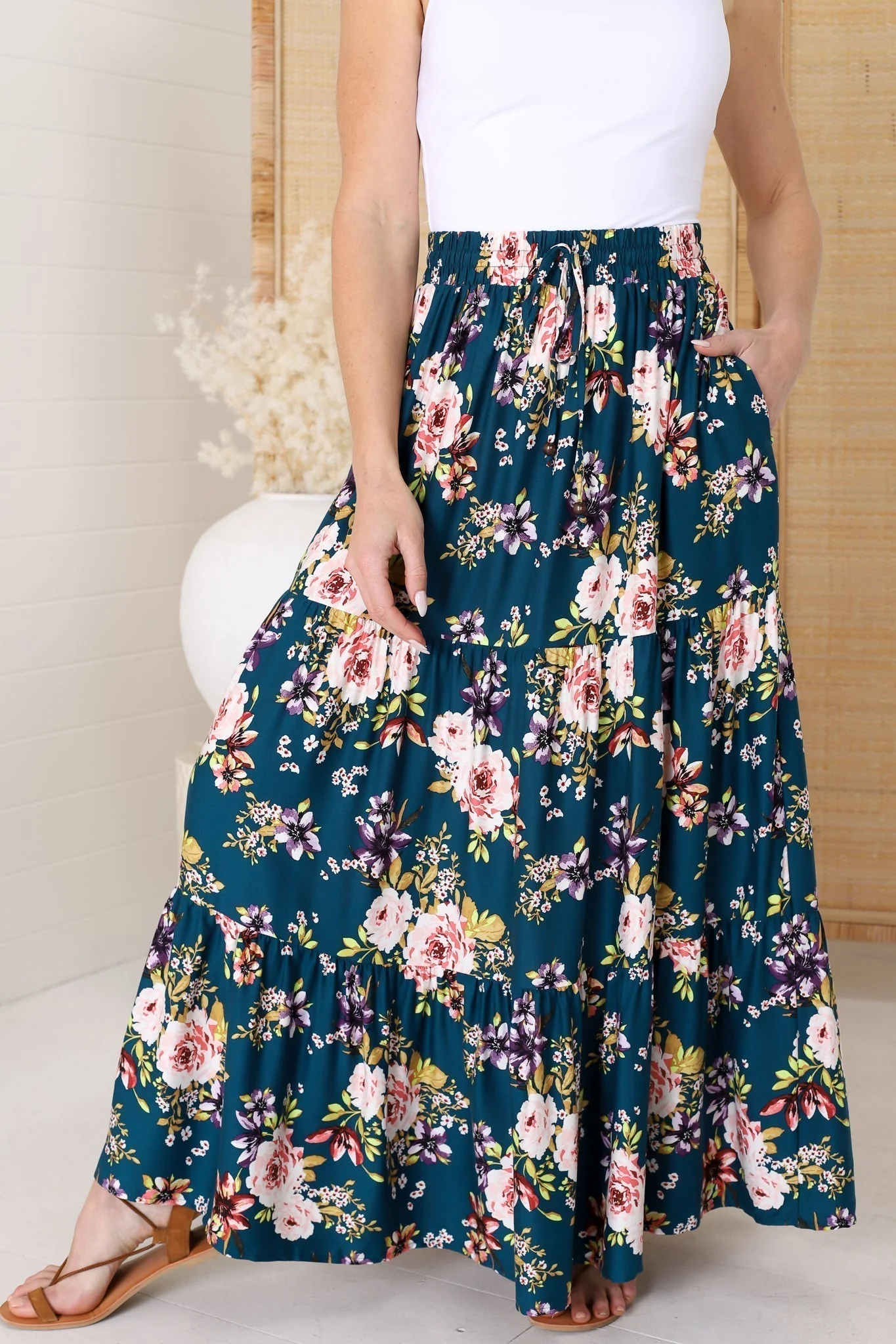Lucien Maxi Skirt - High Waisted Tiered Skirt in Virginia Print Navy - Image 5