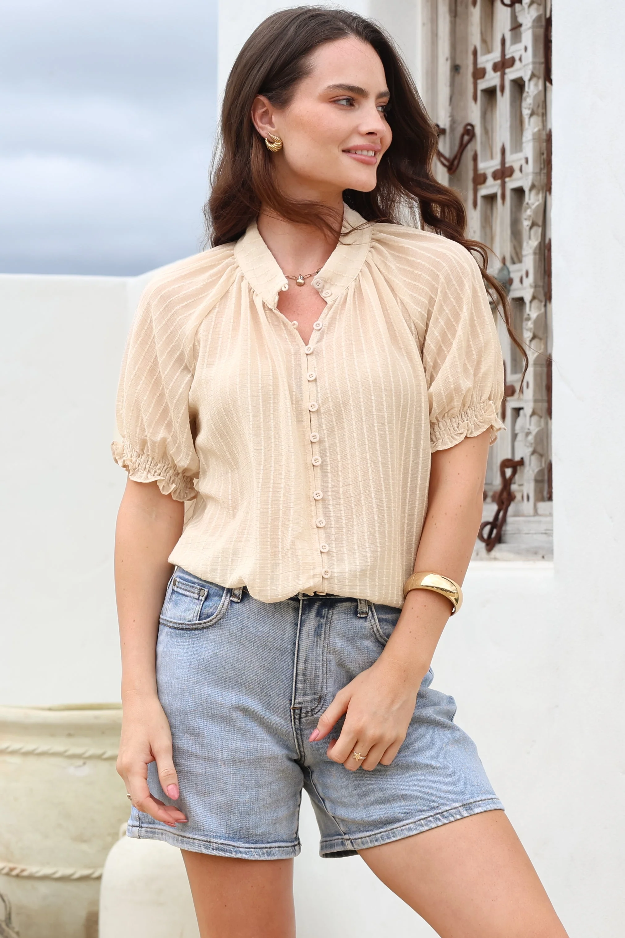 Luella Shirt - Subtle Textured Stripe Button Down with Puff Sleeves in Beige - Image 2