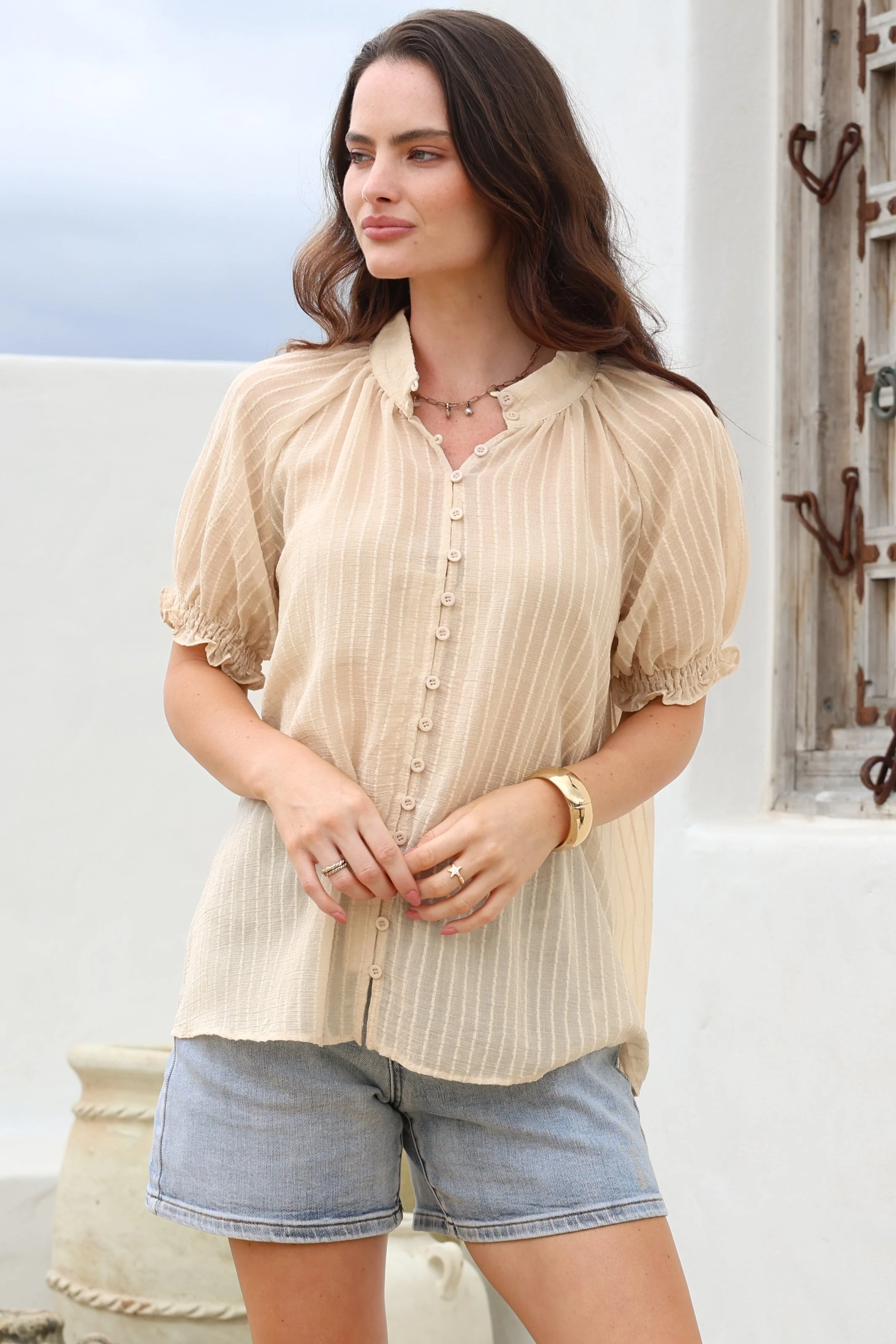 Luella Shirt - Subtle Textured Stripe Button Down with Puff Sleeves in Beige - Image 6