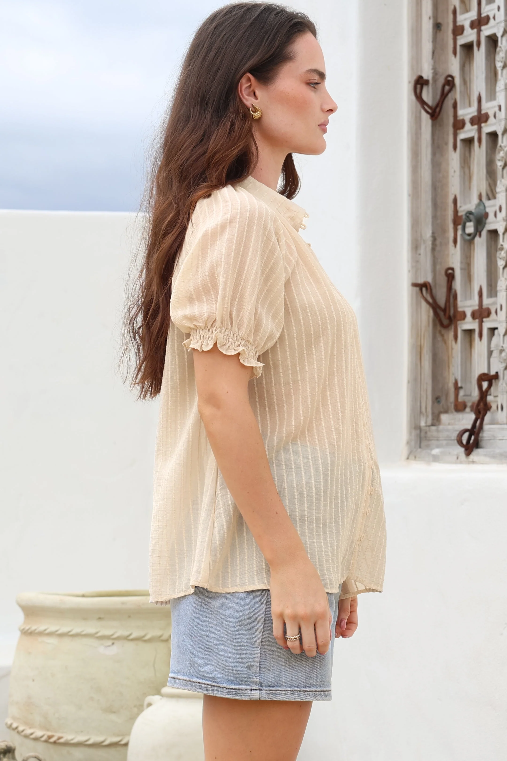 Luella Shirt - Subtle Textured Stripe Button Down with Puff Sleeves in Beige - Image 7